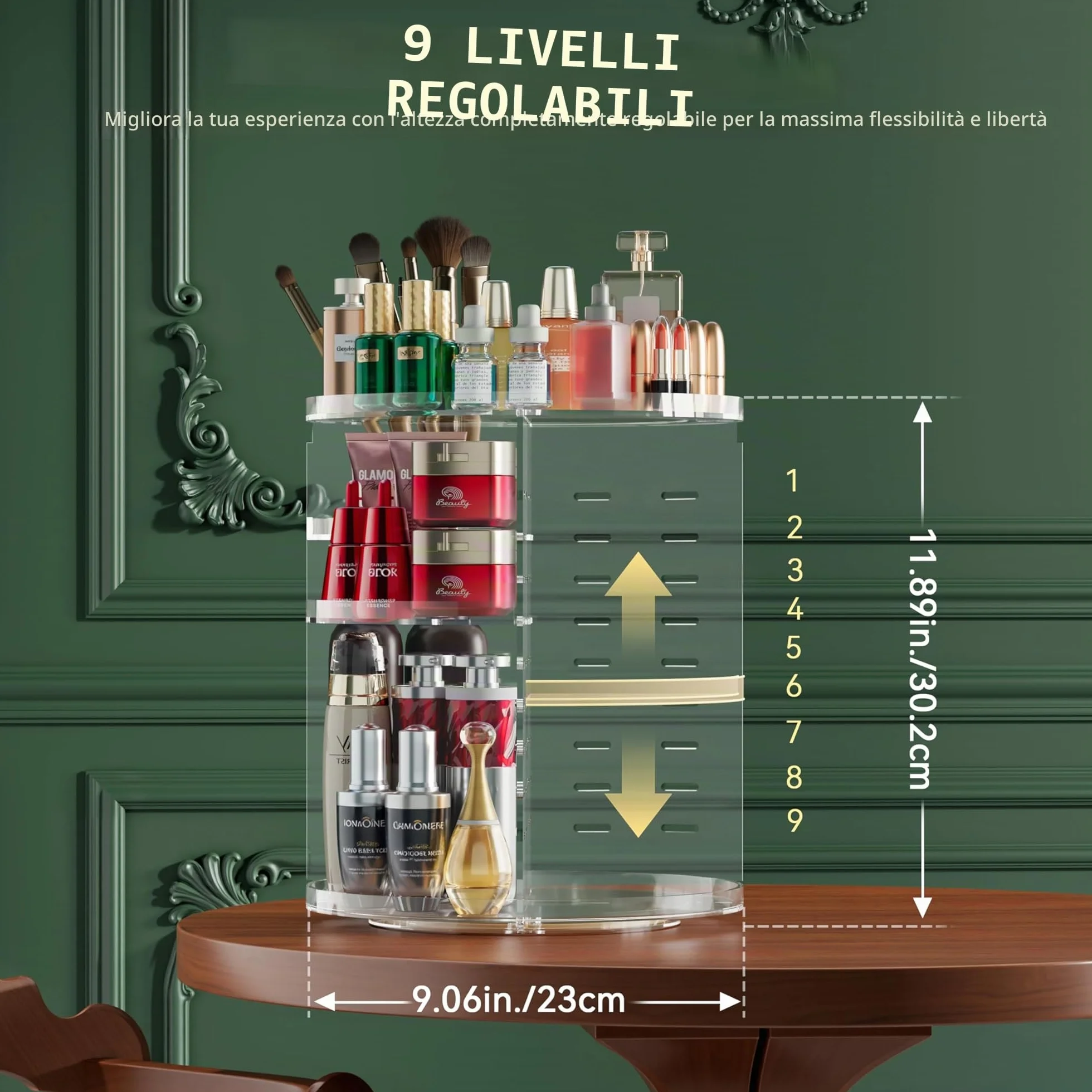 Auxmir Porta Trucchi Rotante 360° Organizer Multifunzione 9 Ripiani Regolabili Grande Capacità Trasparente