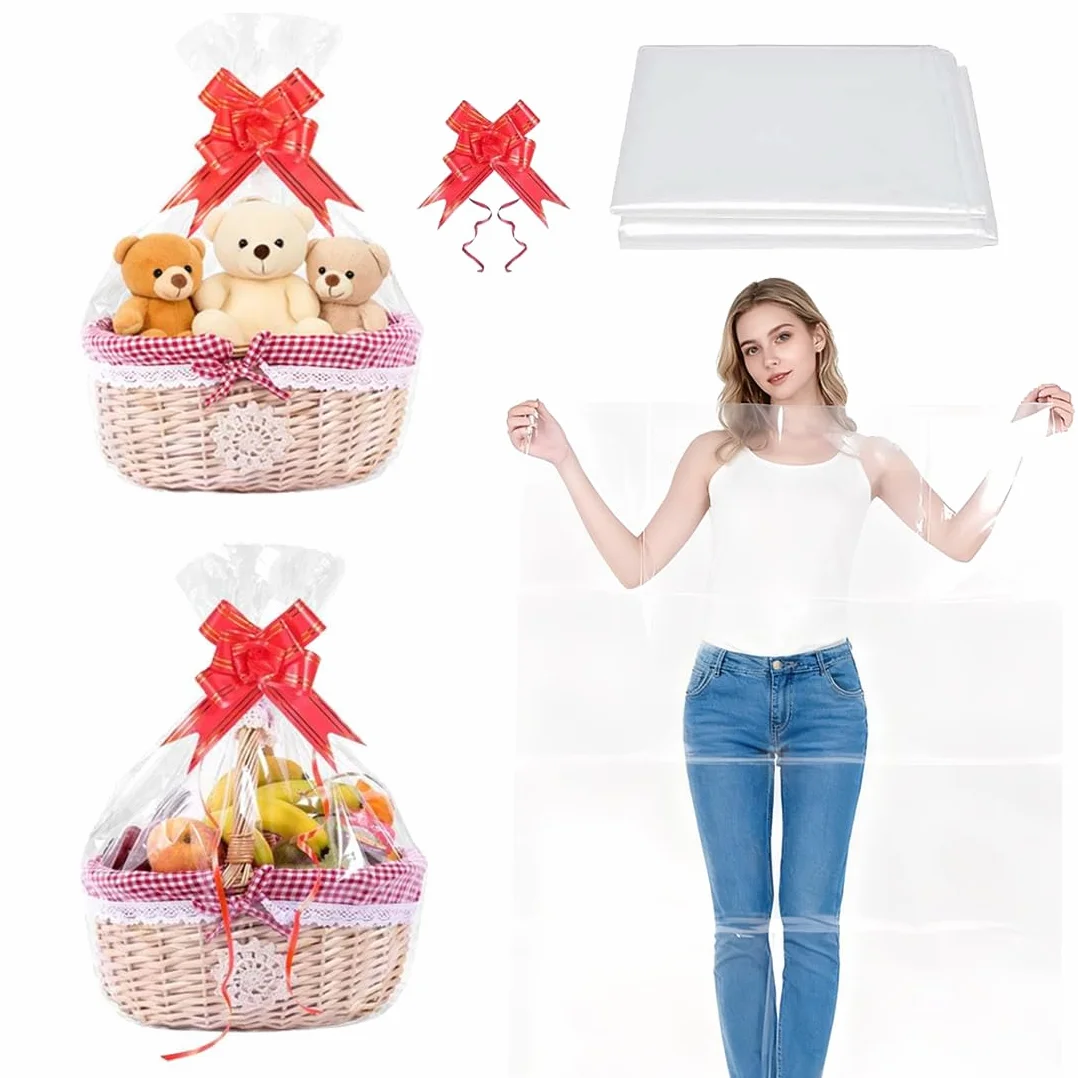 Fogli Cellophane Trasparente Per Confezioni (Grande, 150 X 90Cm), Con 5 Fiocchi Per Regali, Carta Cesti Trasparente, Per Confezioni Regalo, Feste, Eventi (Grande)