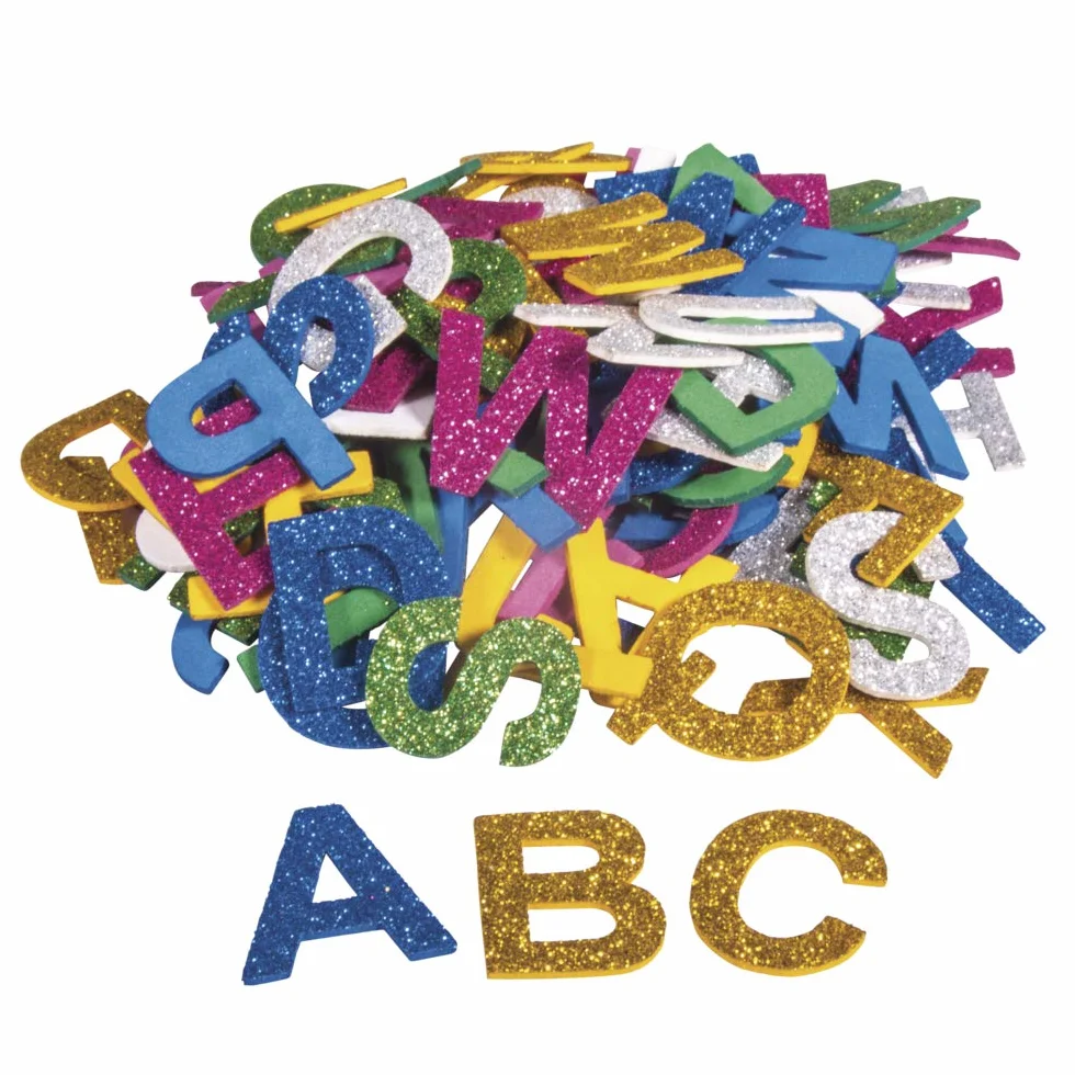 Rayher 30227000 Lettere Alfabeto Gomma Crepla Glitter, Spessore 2 mm, Busta da 130 Pezzi, Sticker Autoadesivi in Colori Assortiti, per Lavori Creativi, Decoro, Bricolage, Dimensione 3 cm