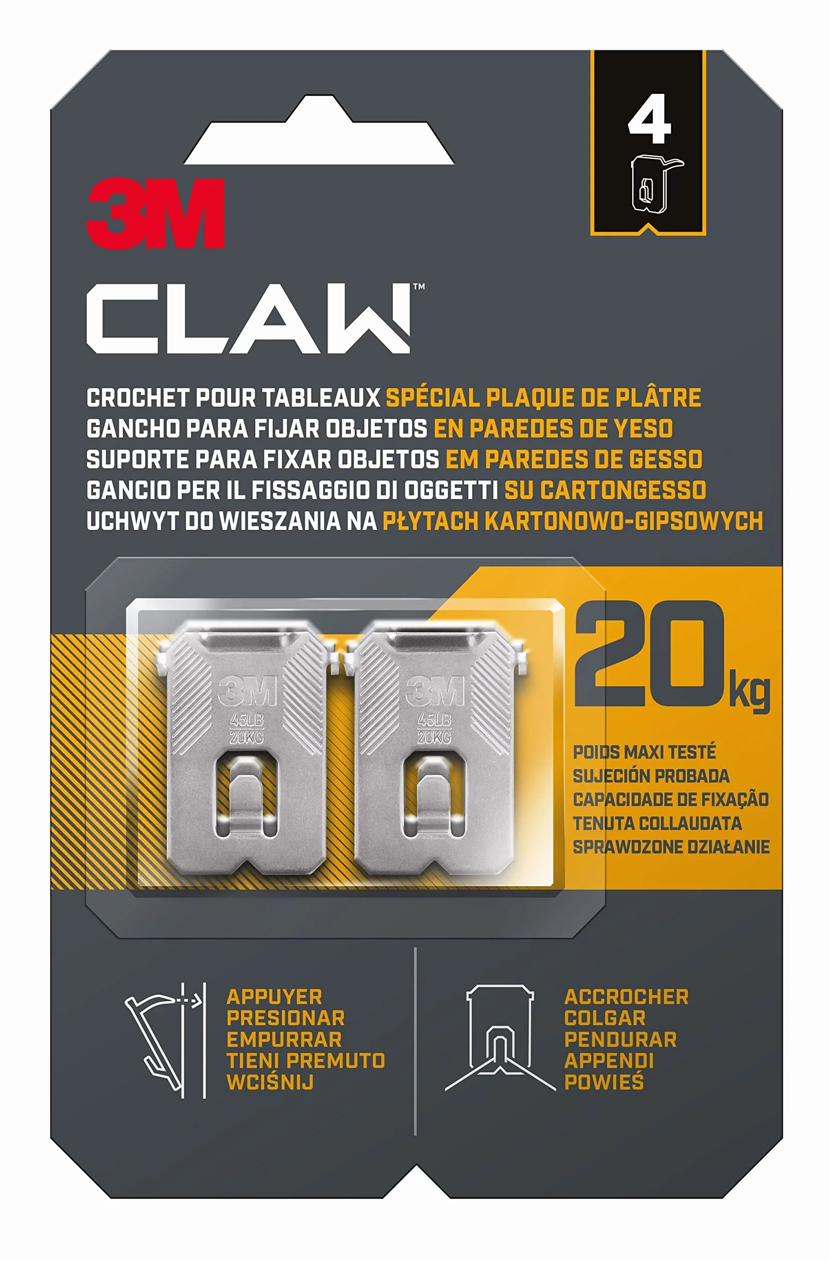 3M CLAW Gancio per Appendere Quadri su Cartongesso, 4 Ganci, Sostiene fino a 20 kg, Ottimale per il Fissaggio die Oggetti Pesanti, Specchi et Decorazioni per la Casa