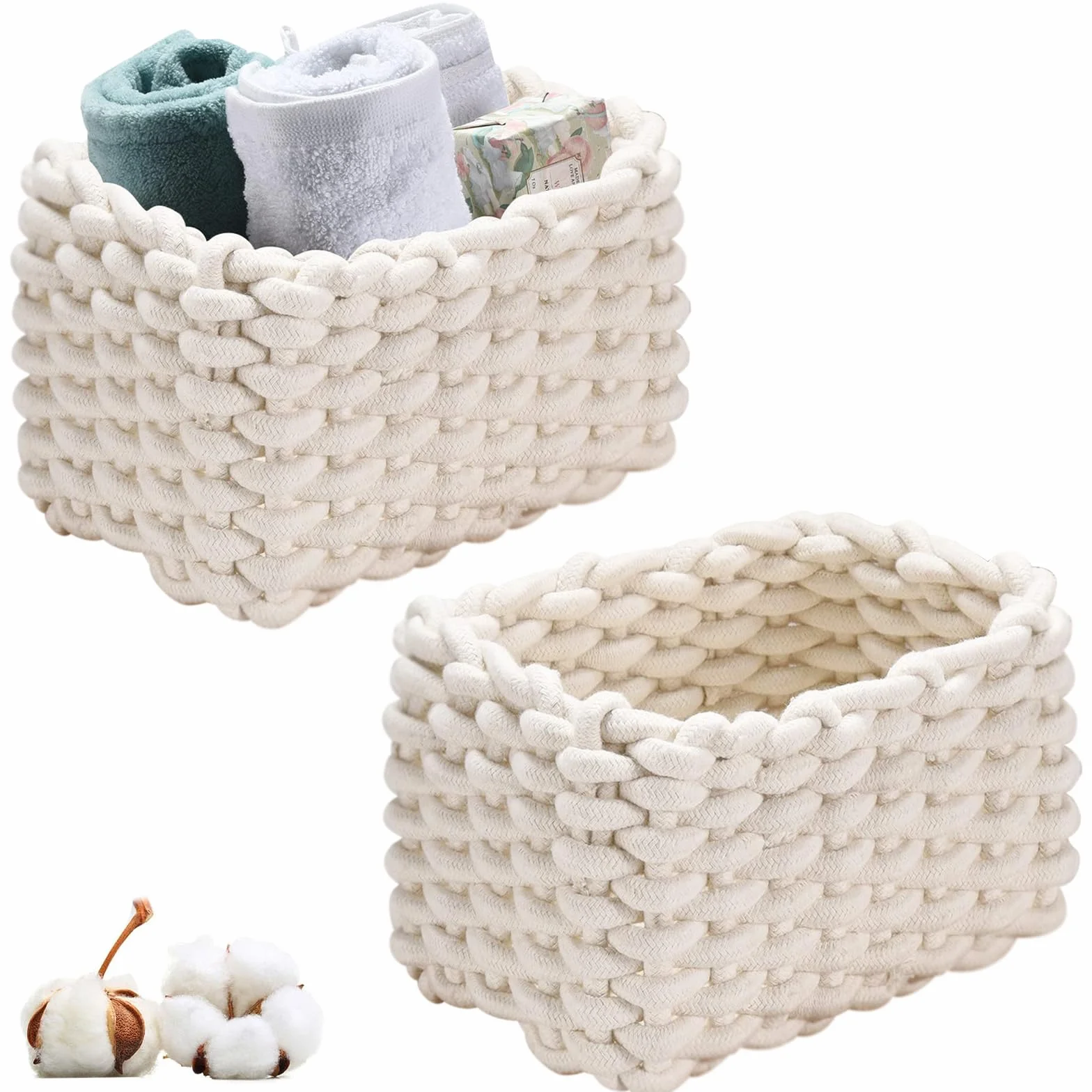 Cestini Portaoggetti in Corda di Cotone Intrecciato 19x15x12cm 2 Pezzi Bianco