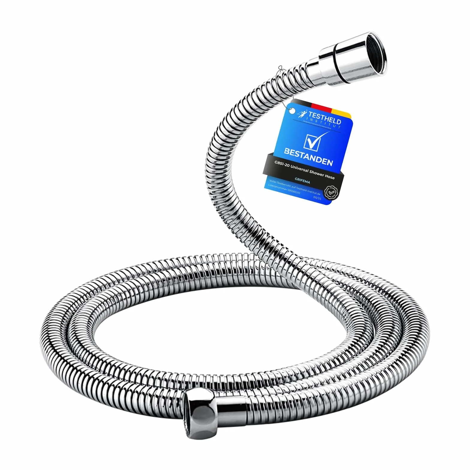 GRIFEMA Tubo Doccia 2 m - Flessibile Doccia in Acciaio Inox (G1/2 pollici, 200 CM) Anti-Piega & Antigoccia, Ricambio Resistente con Connettori in Ottone e Guarnizioni, Finitura Cromata Argento