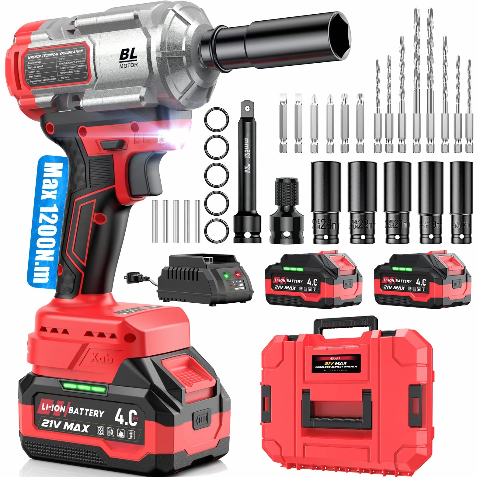 Avvitatore a Impulsi a Batteria 3-in-1, Impact Driver/Trapano a Percussione 1200Nm 1/2" Brushless, 2×4.0Ah