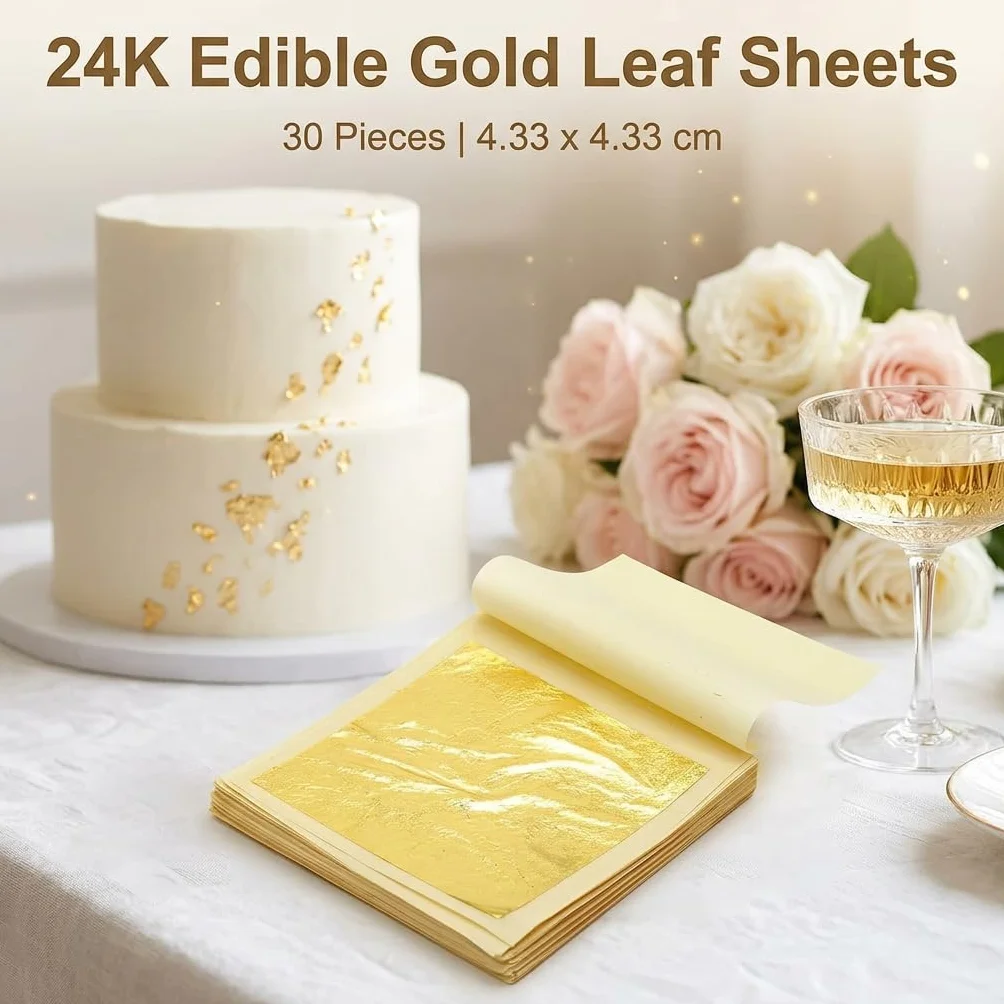 Foglia d'oro commestibile 24 carati, decorazione per torte, foglie d'oro commestibili, per fai da te, cioccolato, maschere facciali, nail art, torte, finte carta d'oro, set da 30 fogli