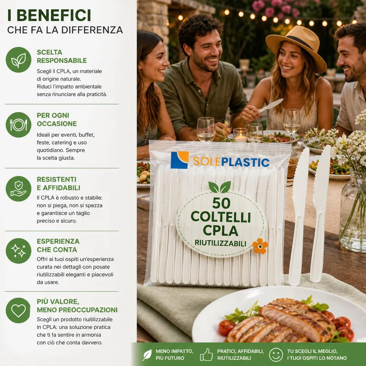 SOLEPLASTIC 50 Coltelli Riutilizzabili 16 cm Bianco Posate Ecologiche per Catering