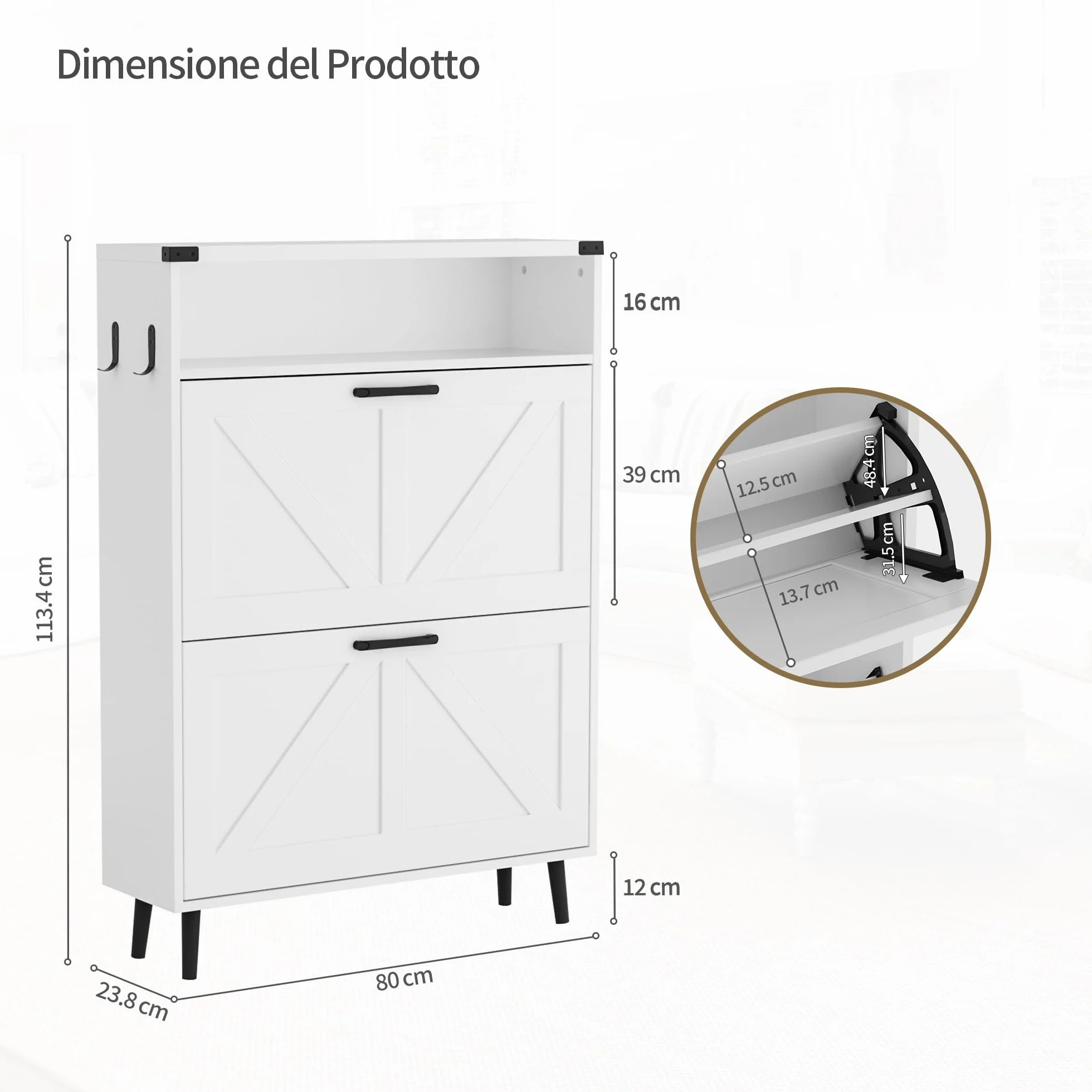 BonVache Scarpiera stretta, scarpiera con 2 ante, scarpiera ribaltabile con 4 ripiani, mobile per scarpe con spazio aperto, portascarpe in legno, 80x24x113,5 cm, bianco