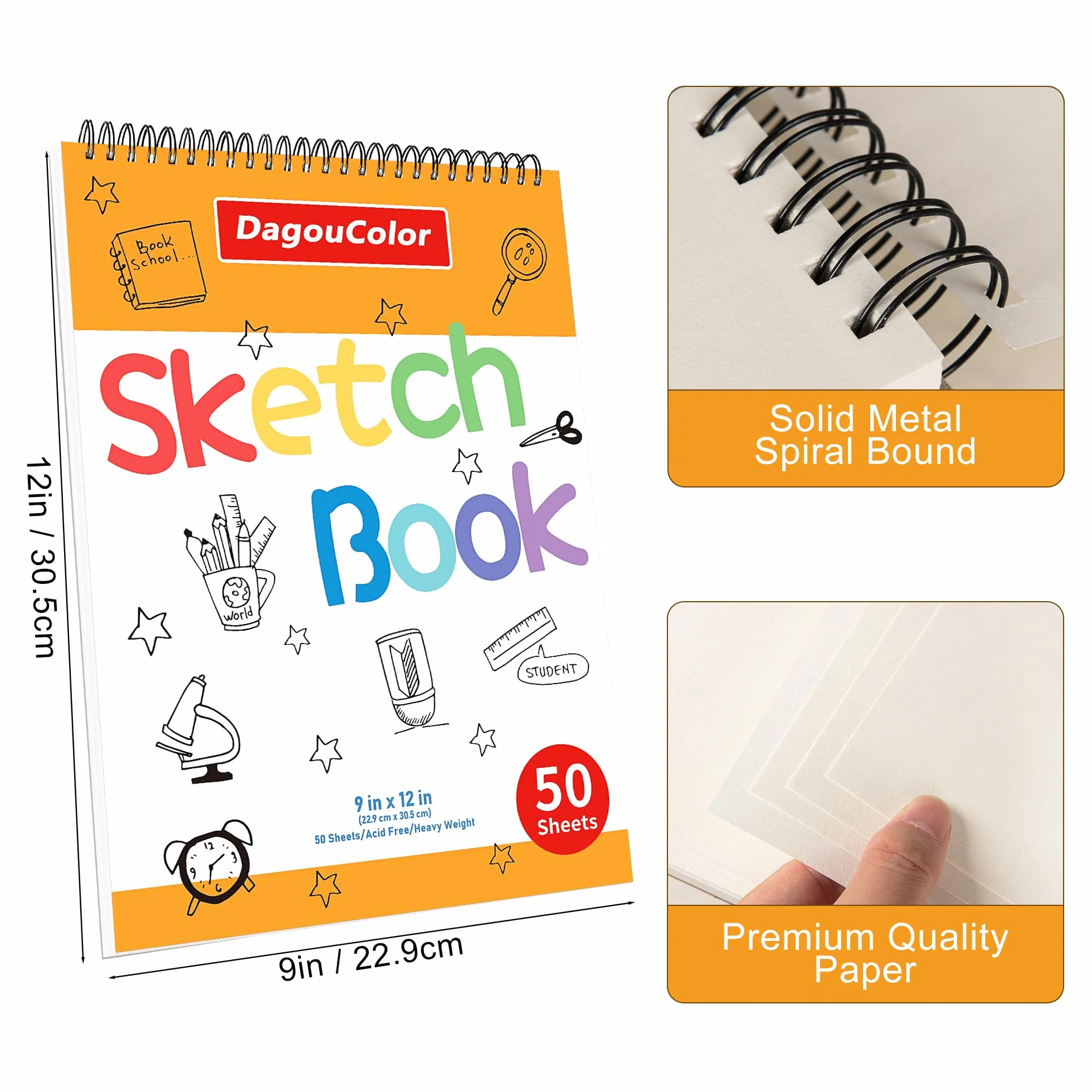 DagouColor 50 fogli Sketch Book Quaderno da disegno spiralato, Carta senza acidi, Album da Disegno, Album per Schizzi per artisti, 22.9CMX30.5CM | Quaderno per schizzi, fogli double-face, rilegatura a spirale, per artisti principianti, ragazzi e ragazze