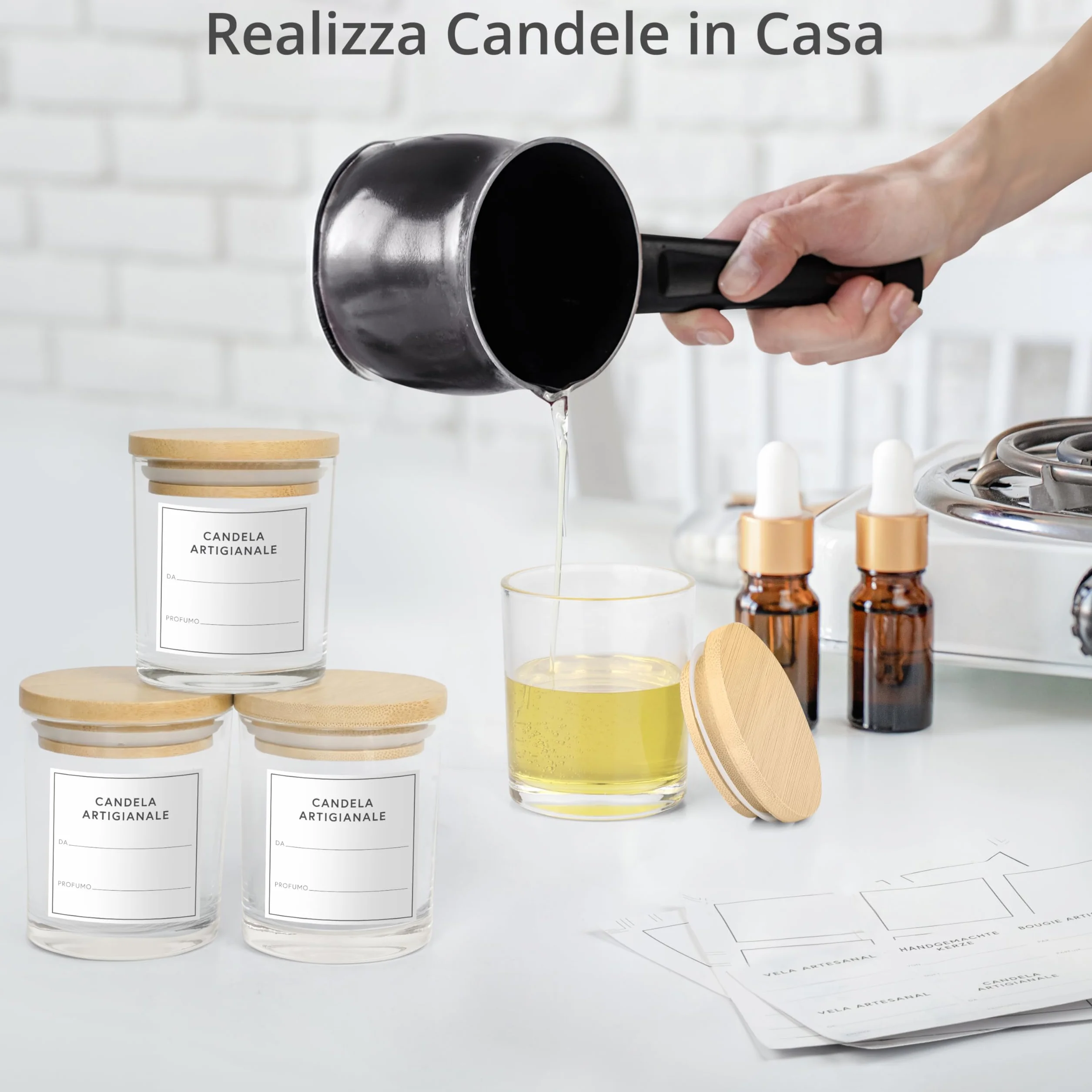 Winter Shore Portacandele Vetro da 170 ml con Coperchi [15 Pezzi] - Porta Candele Vuoti Trasparenti - Barattoli per Candele Fai da Te - Include 15 Etichette Adesive, 15 Etichette Vuote, 1 Penna Nera