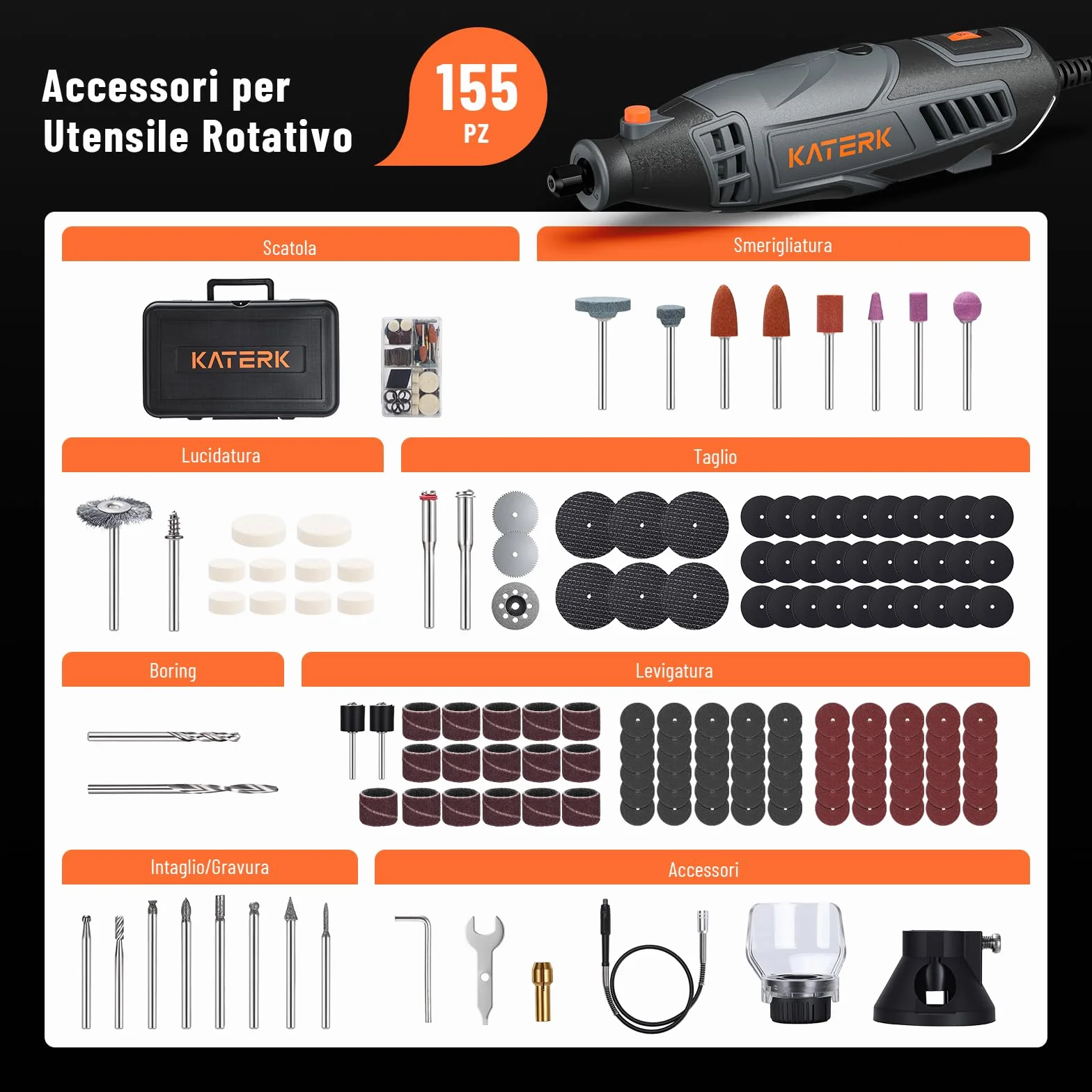 Katerk Utensile Multifunzione Rotativo 160W, Kit 155 Pezzi con Albero Flessibile, Velocità Variabile 35000 PRM
