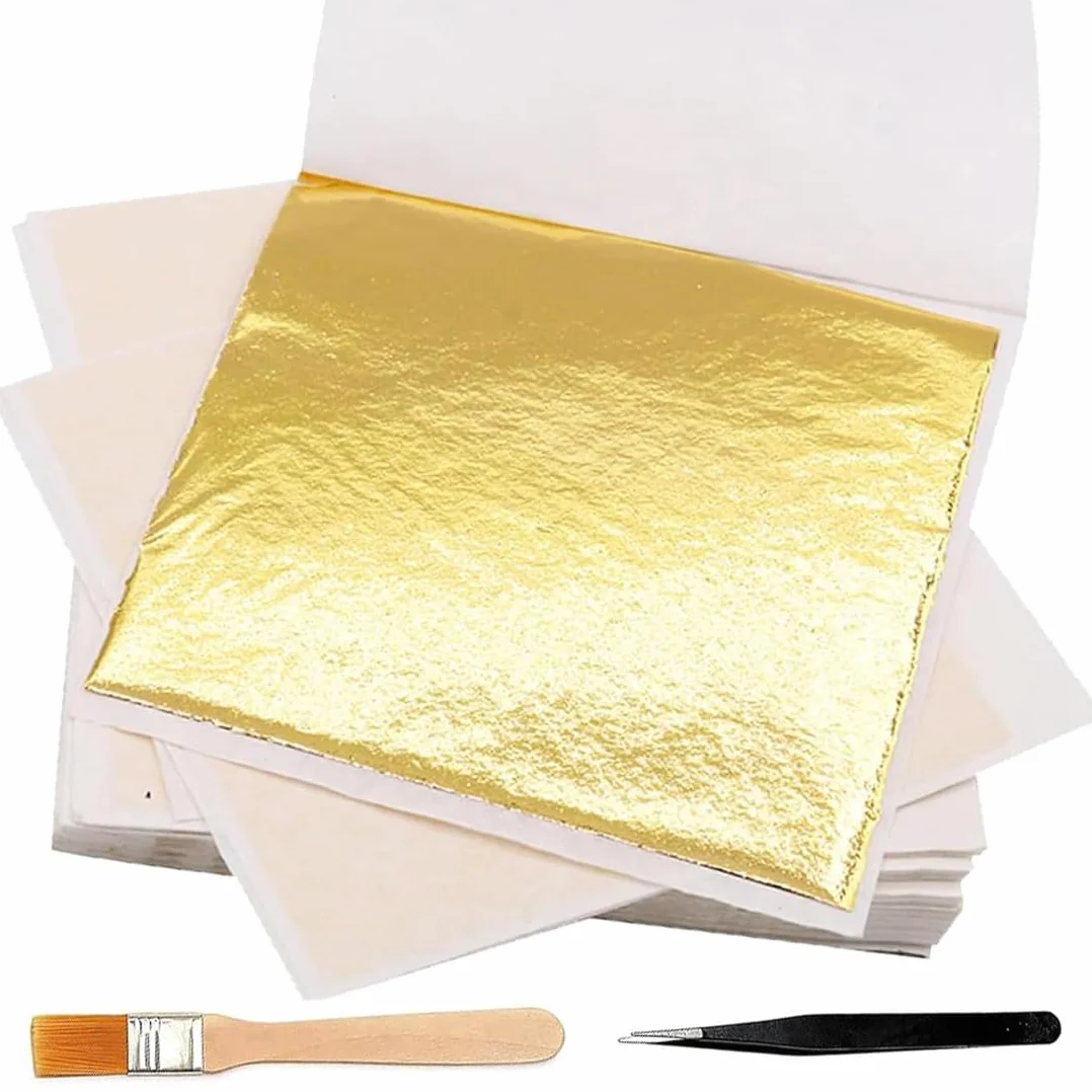 150 Fogli Foglia Oro Commestibile 8X8.5Cm, Carta Lamina Per Decorazione Torte/Artigianato/Pittura, Incl. Pinzette + Pennello, Oro Imitazione 24 Carati