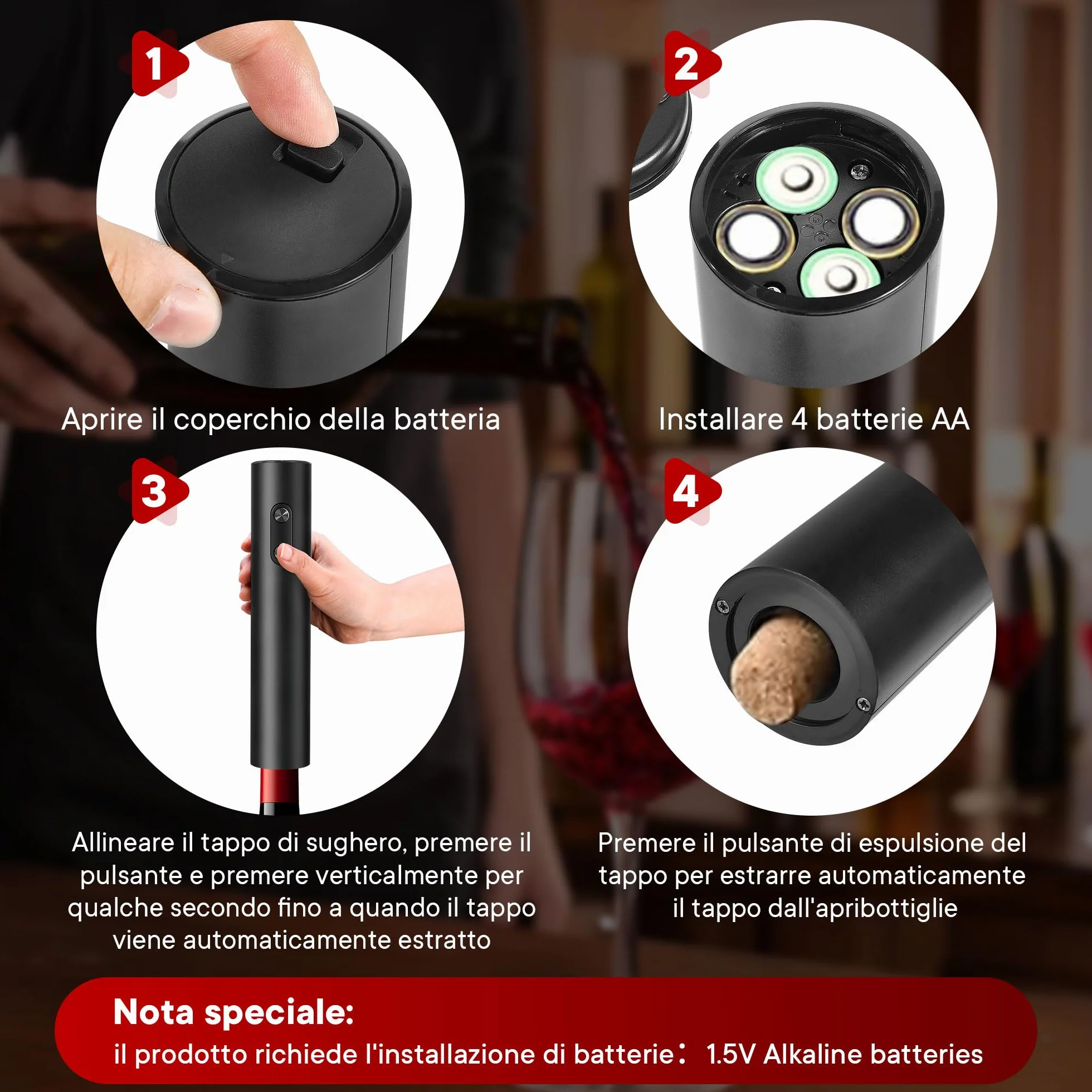 Cavatappi Elettrico per Vino，Cavatappi Elettrico Professionale Automatico, Apribottiglie Elettrico,Set Regalo Apribottiglie Elettrico 6-in-1，Set Regalo per Amanti del Vino