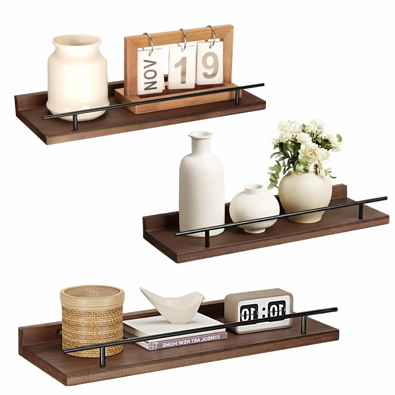 VINATO Set di 3 Mensole da Muro 40x15x4.5CM per Cucina Soggiorno Ufficio e Camera da Letto, Mensole in Legno, Marrone