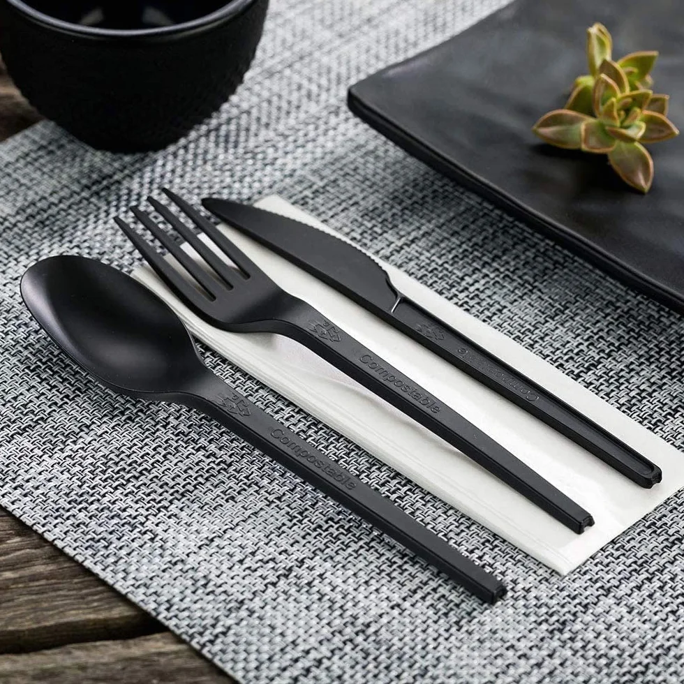 Coltelli CPLA neri 17 cm compostabili monouso posate fibra di zucchero