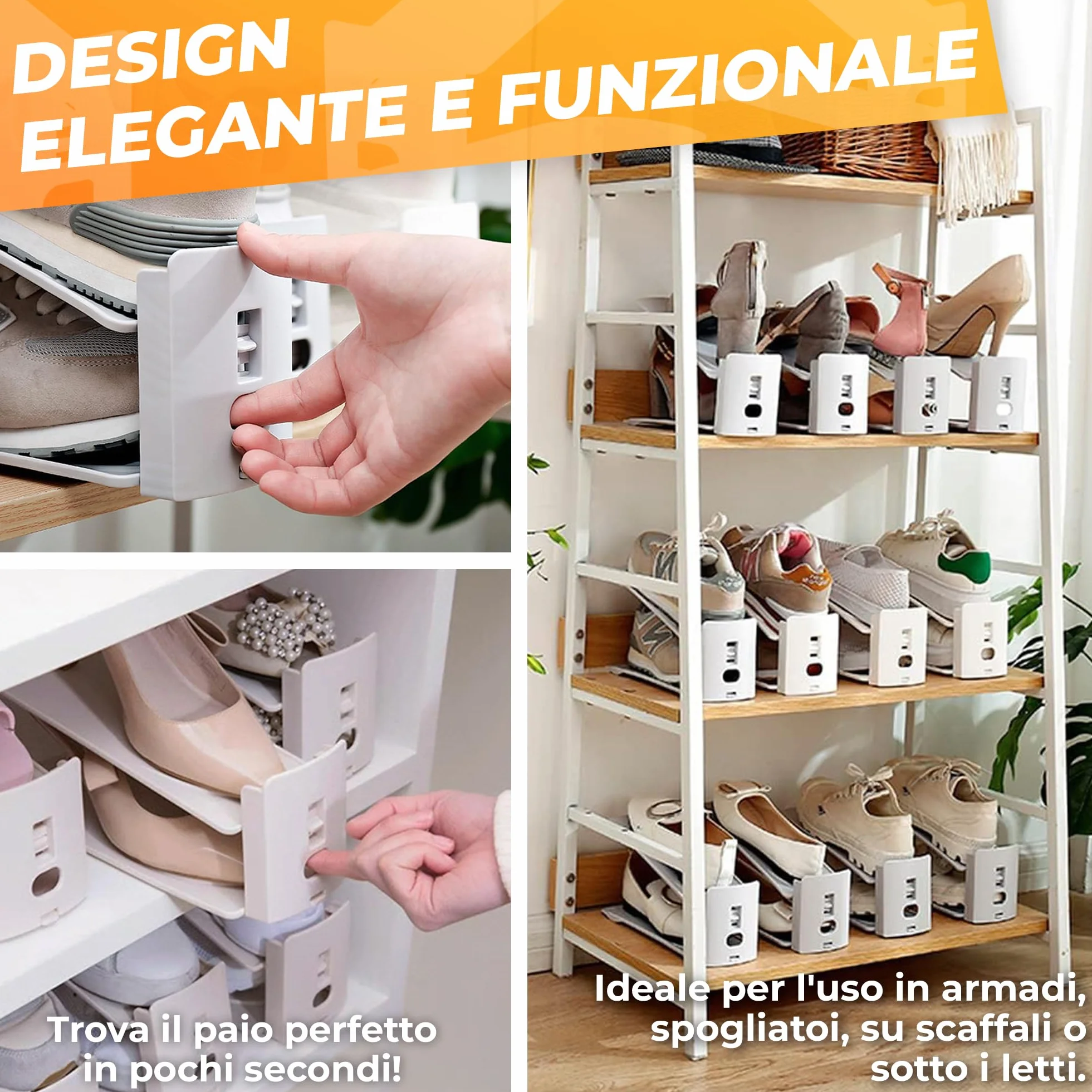 Organizer Scarpe Salvaspazio Regolabile per Armadio Raddoppia la Capacità della Scarpiera Facilmente Set da 12 Pezzi Colore Bianco
