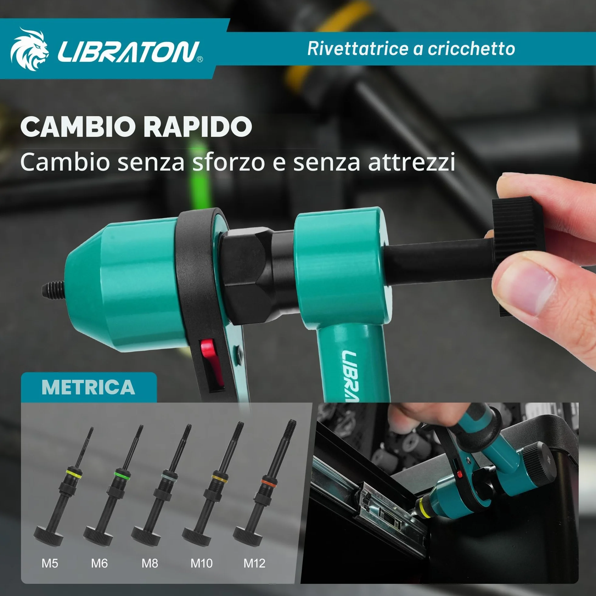 LIBRATON Rivettatrice per Inserti Filettati Manuale a Cricchetto con 5 Mandrini, 5 Ugelli, 50 Rivetti Dadi