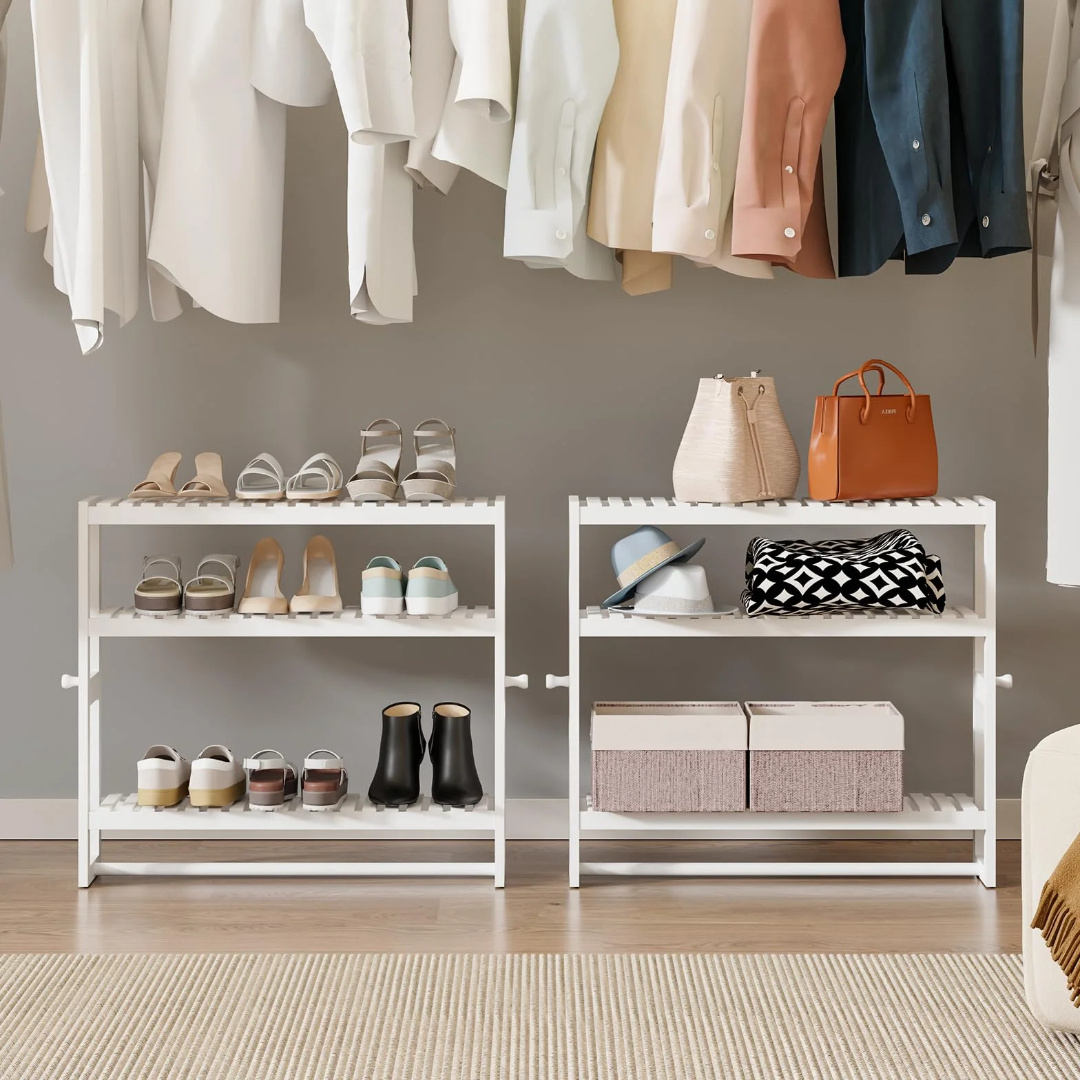 Mensola portaoggetti da bagno, 15 cm di profondità x 50 cm di larghezza x 53,2 cm di altezza, 3 livelli regolabili, montaggio a parete in bambù con barra, scaffale bianco, asta appendiabiti per bagno