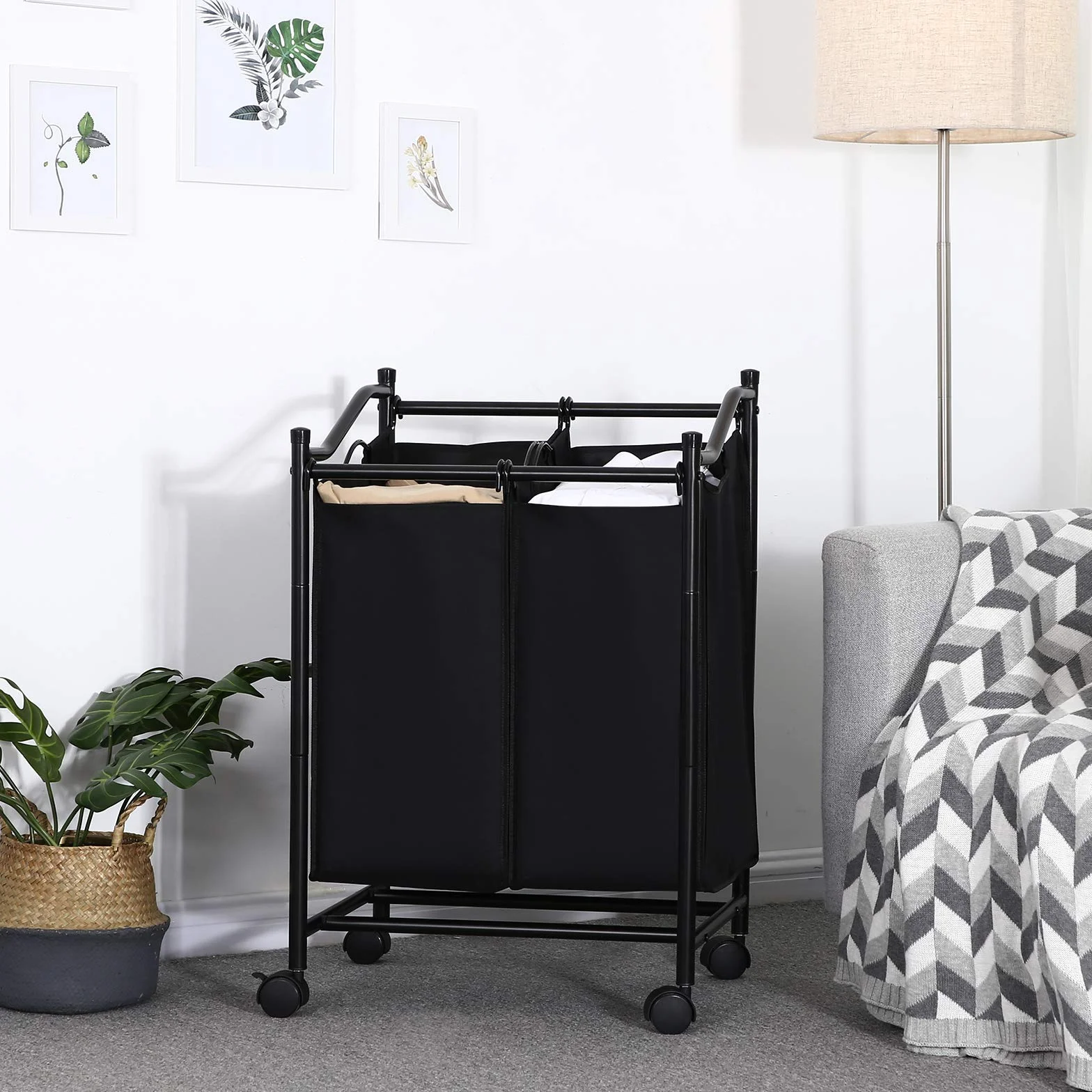 SONGMICS Carrello Porta Biancheria con 2 Sacchi Rimovibili, Ceste per Bucato con Rotelle Universali, capacità Totale di 90 Litri, Nero LSF002BK