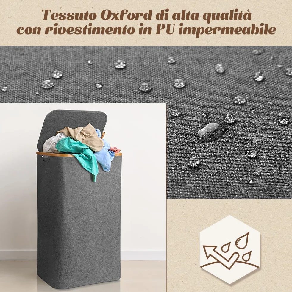 OUSFOT Cesto Portabiancheria Sporca per Bagno Grigio 105L Cesta Portabiancheria in Bambù con Coperchio Porta Biancheria Sporca con Manici Cesto Panni Sporchi