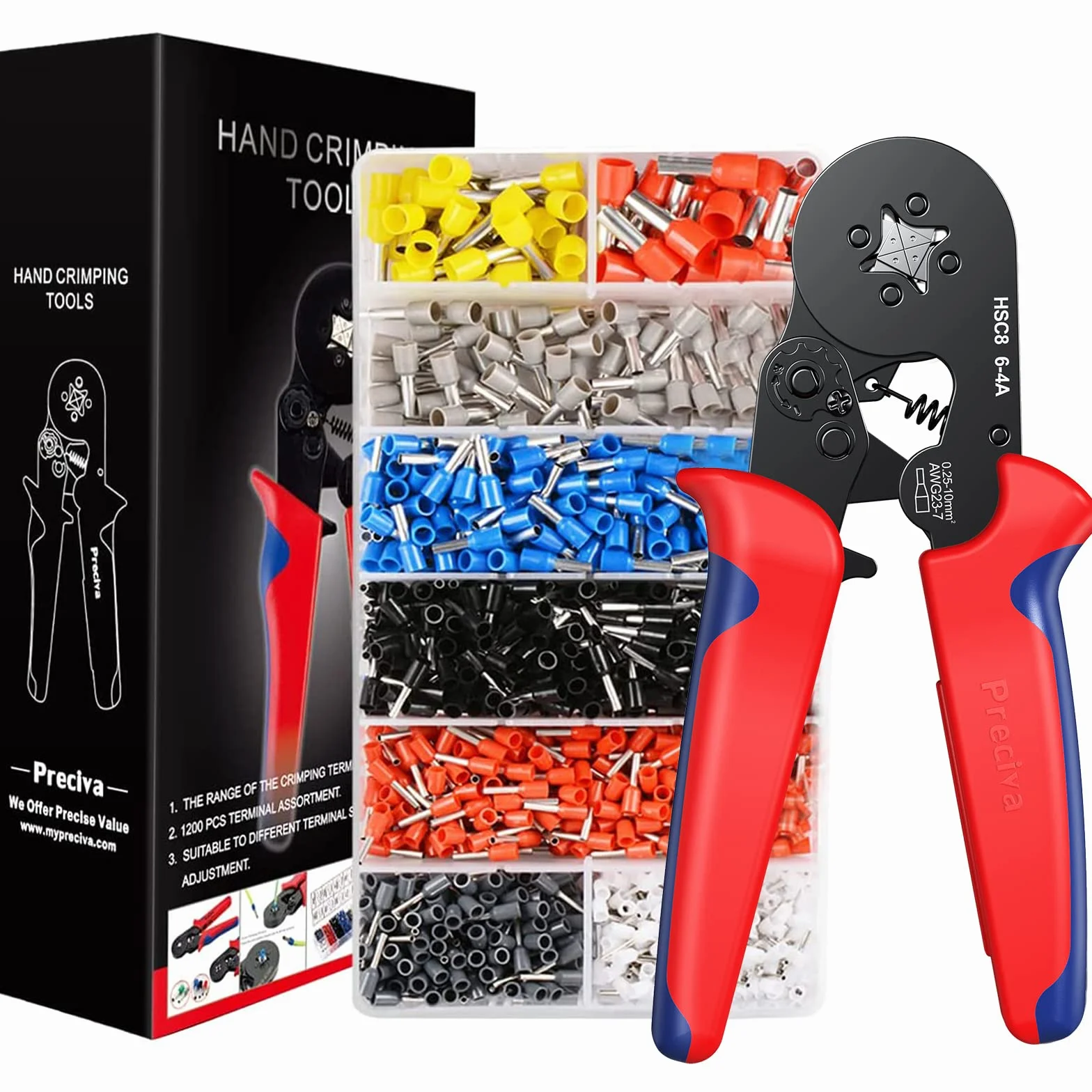 Preciva Pinza Crimpatrice per Capicorda da 0.25 a 10 mm² con 1200 Pezzi di Capicorda Elettrici da Crimpare, un Kit Completo per Elettricisti e un Set di Puntalini