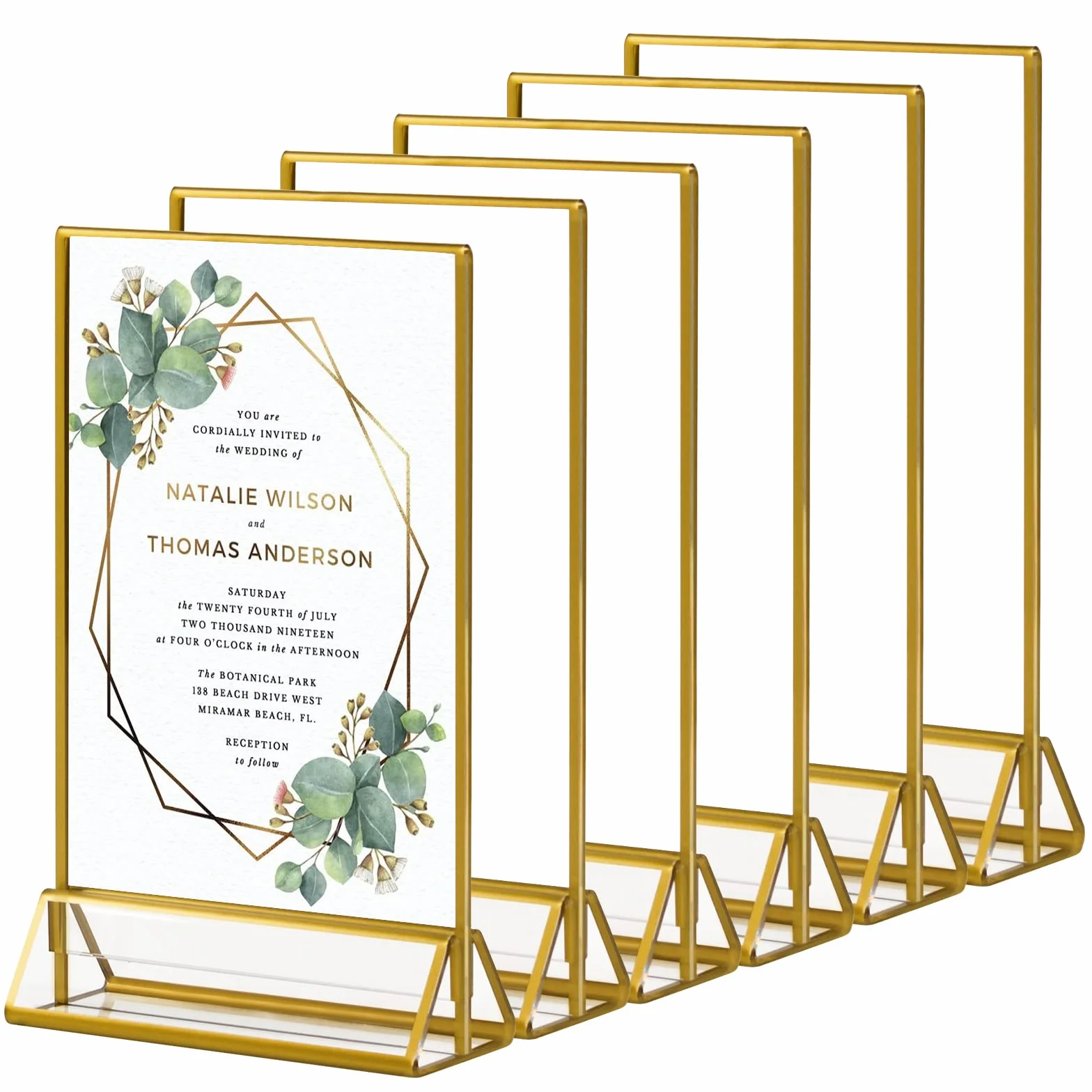 Dezzer Supporto per cartelli in acrilico con bordi dorati e supporto verticale, confezione da 6 supporti verticali per menu da tavolo per matrimoni, banchetti, cartelli(12,7 x 17,8 cm)