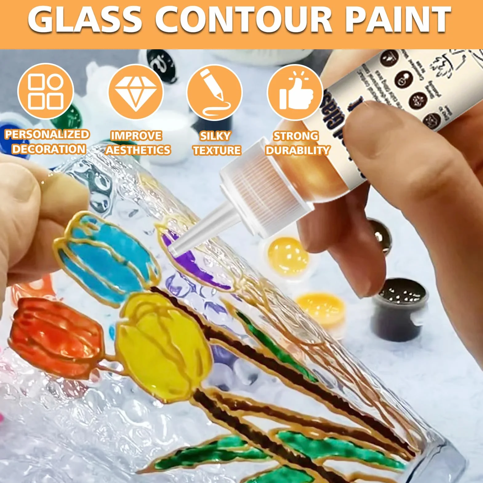 Allony Window Color per Contorni Vetrate, Vernice Glass Line, 4 Colori Vernice per Vetro, per Superfici Lisce Come Vetro, Piastrelle a Specchio - 4*60ML