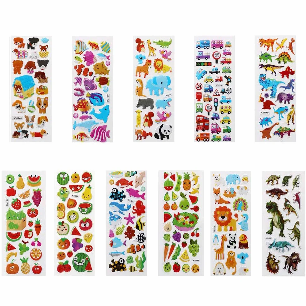 Vicloon Adesivi 3D, 22 fogli di varietà di adesivi gonfi, oltre 550 adesivi, per feste, regali gratificanti, scrapbooking, inclusi animali, pesci, dinosauri