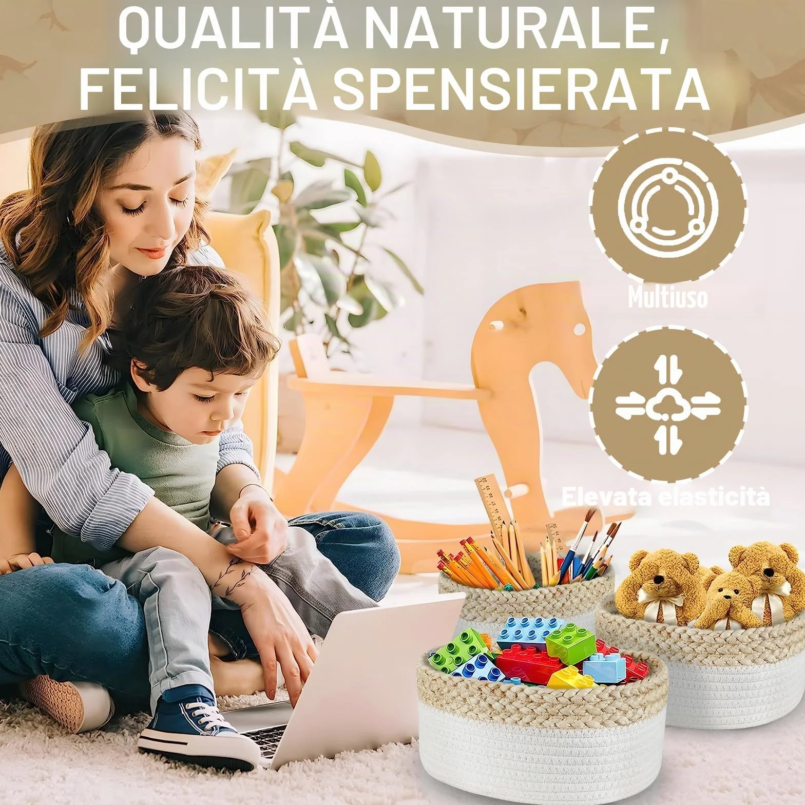 ENCOUN Set 5 Cestini Portaoggetti Intrecciato in Corda di Cotone, Impilabile Organizer Fasciatoio, Cestino Portaoggetti Bagno, cestini portaoggetti bagno per Cameretta, Salotto, Giocattoli, Ufficio