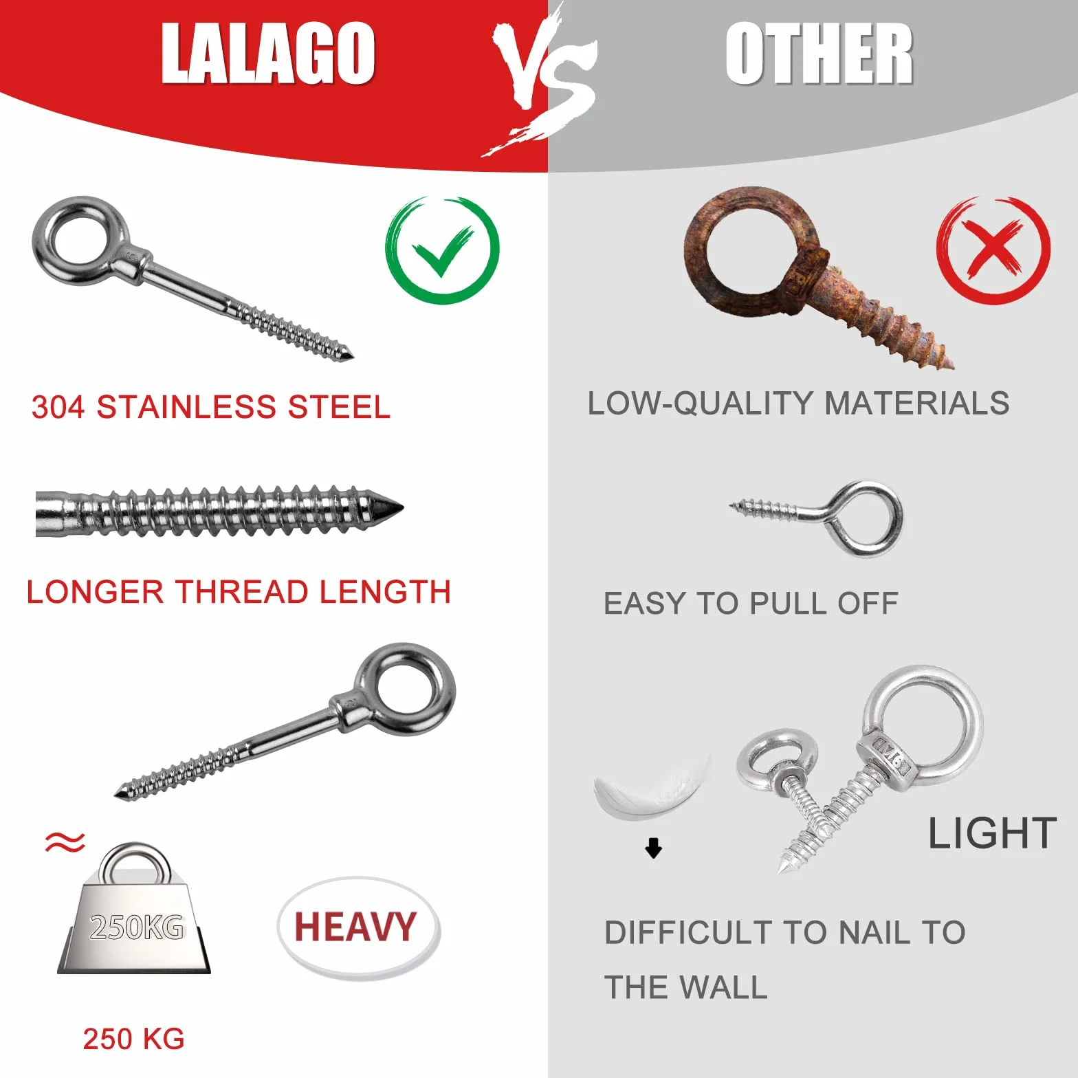 LALAGO 12 PC. Bullone a occhiello, Golfari M8 x 80 mm in acciaio inox 304, Ganci a vite Golfari M8, Bulloni di Vite