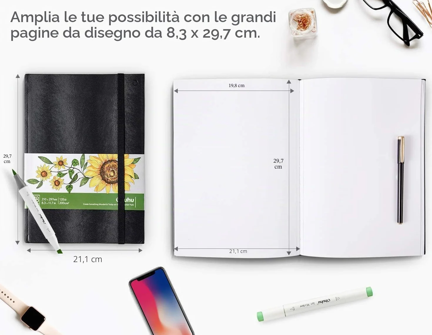 Ohuhu - Quaderno da disegno brossato A4 - 200g/m² - 156 pagine Carte da disegno lisce pesanti, quaderno con copertina rigida, appositamente progettato per pennarelli alcolici, 21x29,7cm