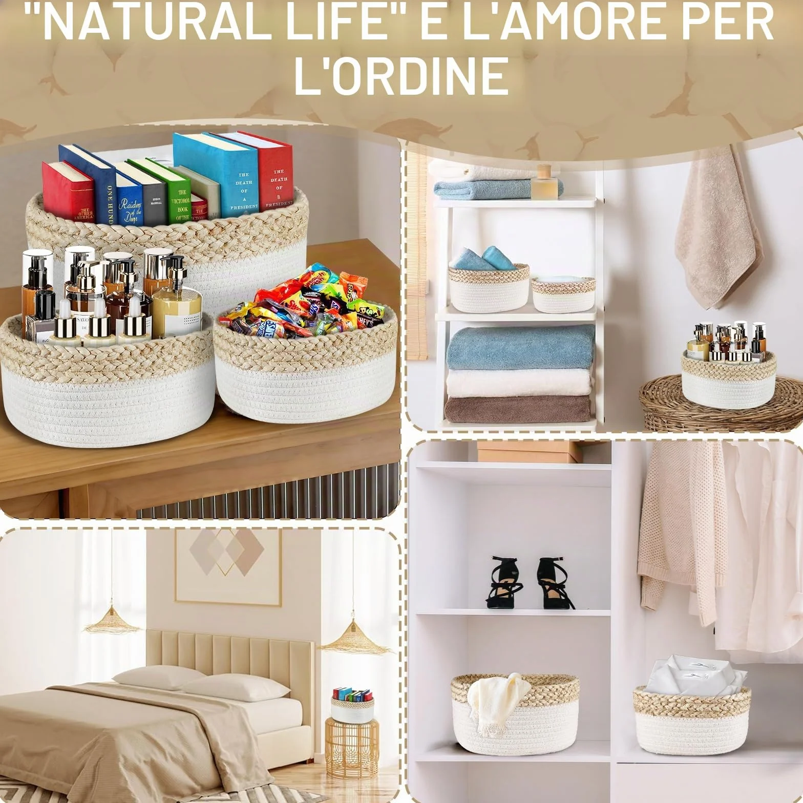 ENCOUN Set 5 Cestini Portaoggetti Intrecciato in Corda di Cotone, Impilabile Organizer Fasciatoio, Cestino Portaoggetti Bagno, cestini portaoggetti bagno per Cameretta, Salotto, Giocattoli, Ufficio