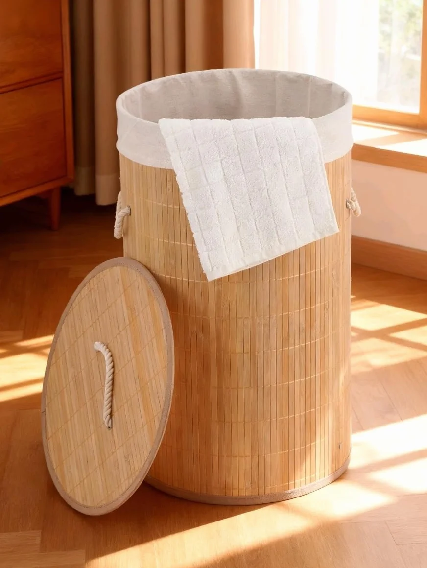 BM Cesto Portabiancheria in Bambù con Coperchio e Sacco Interno Rimovibile – Cesto per Biancheria Sporca Rotondo Ø35x50 cm, Salvaspazio, Stile Naturale per Bagno, Camera da Letto e Lavanderia