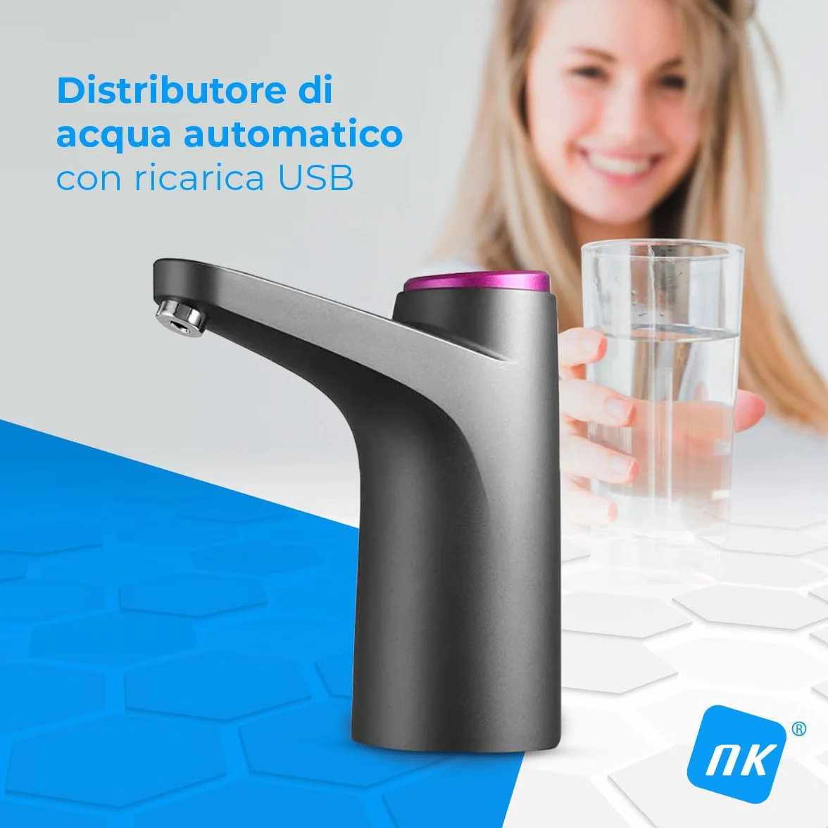 Distributore d'acqua NK con Indicatore LED, batteria ricaricabile USB 1200 mAh, silicone, compatibile 4,5-18,9L, adattatore 3,8-4,8cm, nero
