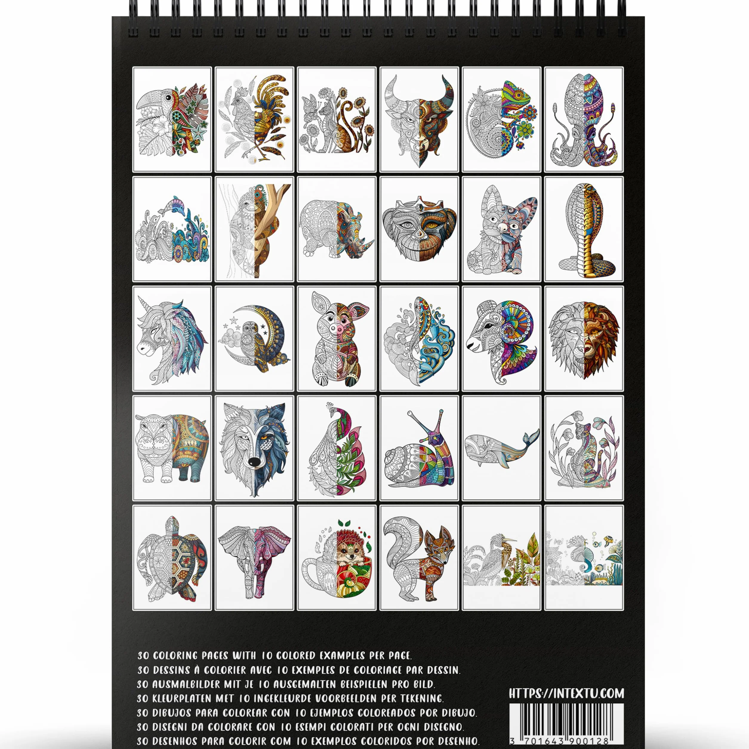 In Textu – Mandala – Animali – Libro da colorare per adulti e adolescenti con esempi colorati ispiratrici – Carta Premium 200 g/m² – rilegatura a spirale fine – quaderno per colorare e rilassarsi.