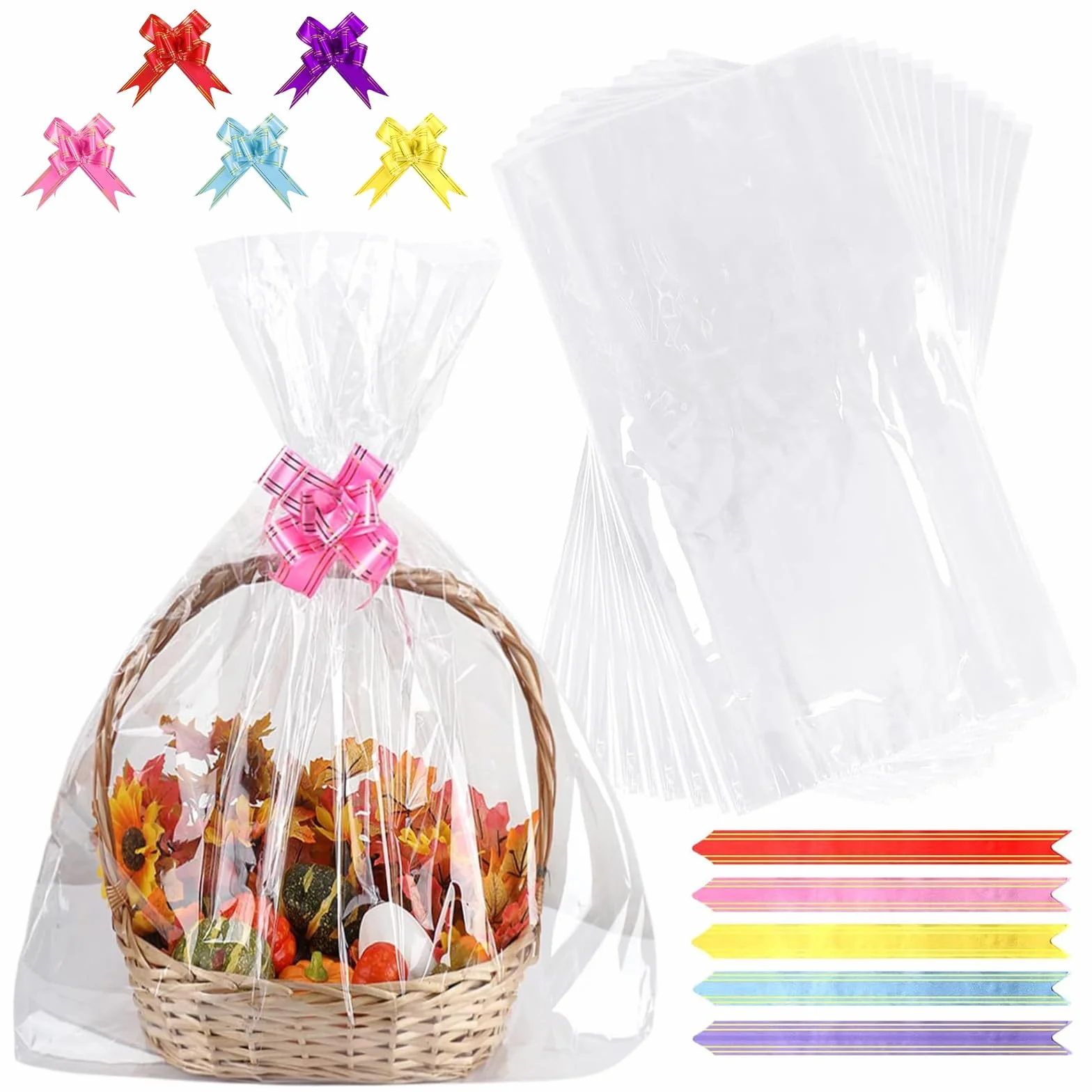 INNAL Set di 20 Sacchetti Regalo in Cellophane, 10 Grandi Sacchetti Regalo Trasparenti in Cellophane 100x70cm, Carta Regalo, Sacchetti in Cellophane con 10 Fiocchi da Tirare per Regali, Cestini