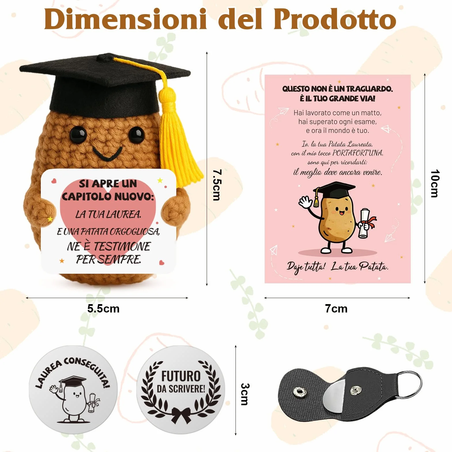 Regalo Laurea Patata Incoraggiante all'Uncinetto a Mano - Pocket Hug Patata Fortunata con Portafortuna Esami e Biglietto di Auguri