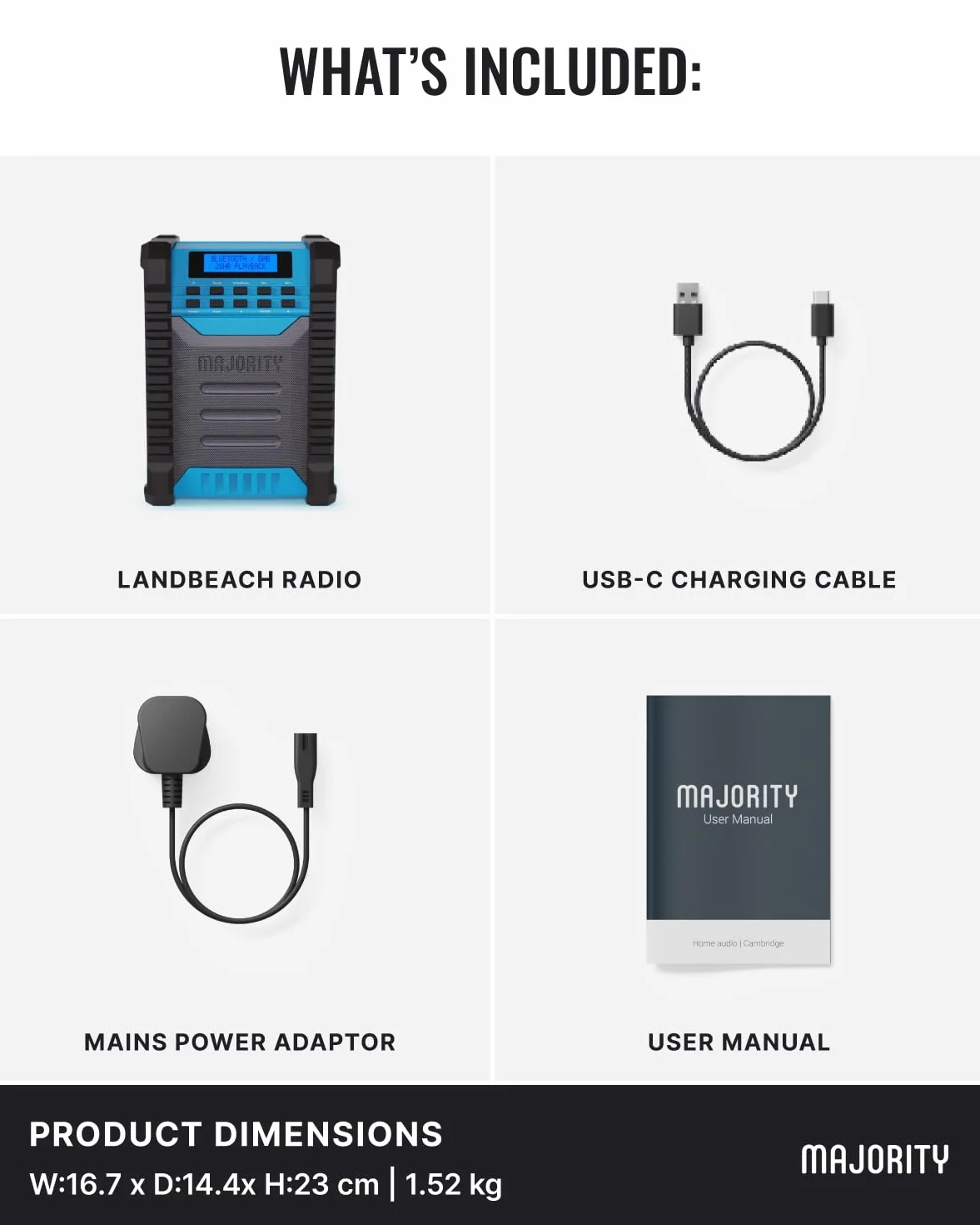 MAJORITY Landbeach radio da cantiere portatile | Batteria da 10.000 mAh DAB/DAB+ & FM radio ricaricabile con Bluetooth | Grado di protezione IP54 contro polvere e acqua.