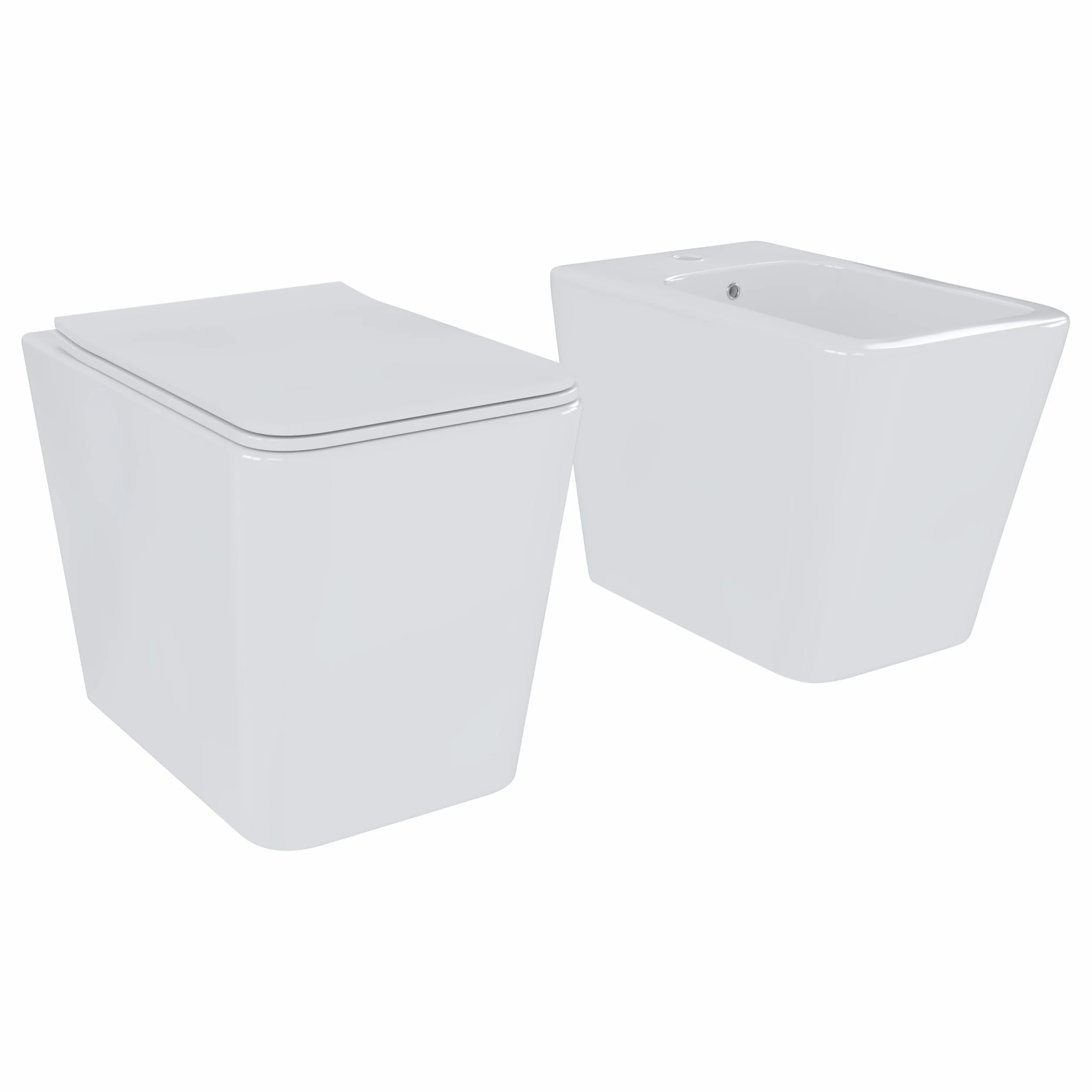 Set Sanitari Filomuro WC e Bidet Quadrati in Ceramica con Copriwater Soft Close e Sgancio Rapido Bianco Lucido Design Moderno (Quadrato)