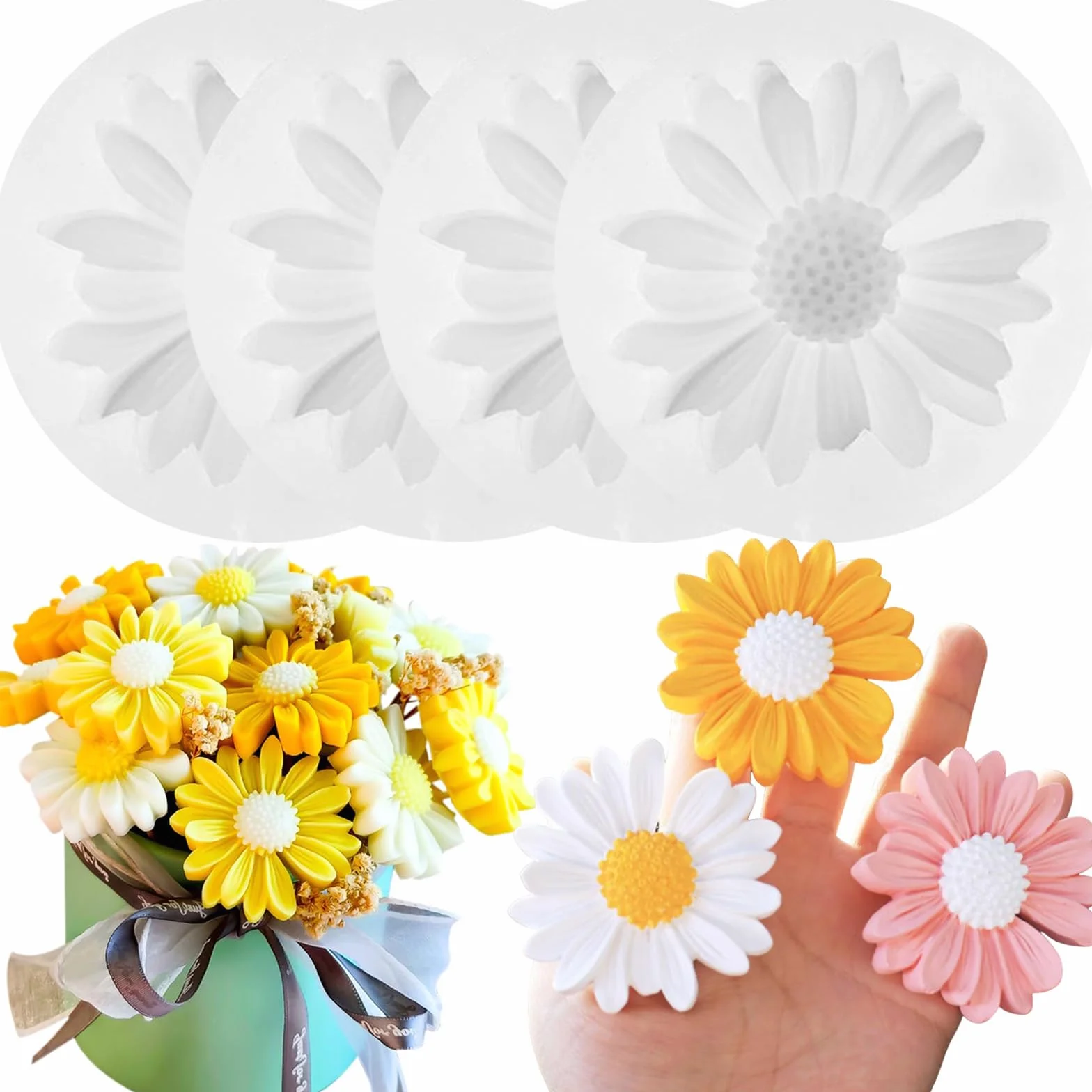 4 stampi in silicone per candele, stampi per candele in silicone 3D, margherite, candele, fiori, candele, stampi per candele fai da te