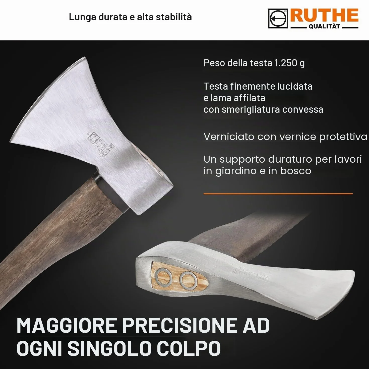 RUTHE Ascia spaccalegna 1.250g | Ascia da spacco in acciaio forgiato | Accetta professionale con manico in legno di hickory | Scure spaccalegna da 1.250 g
