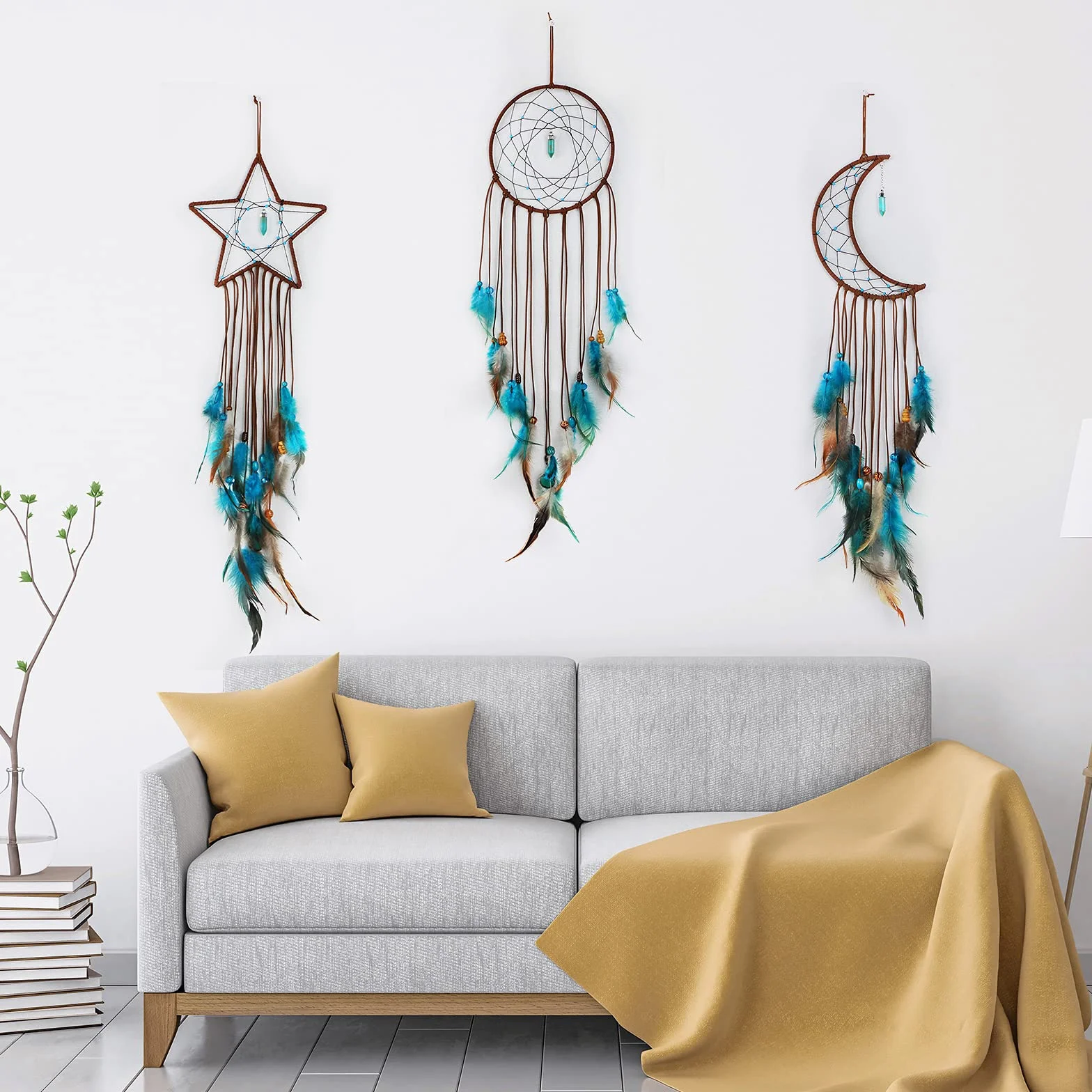 Acchiappasogni Fatti a Mano con Design Luna Sole Stella Ornamento Tradizionale per Parete Decorazioni Casa Camera Matrimonio Regali (Blu Scuro)
