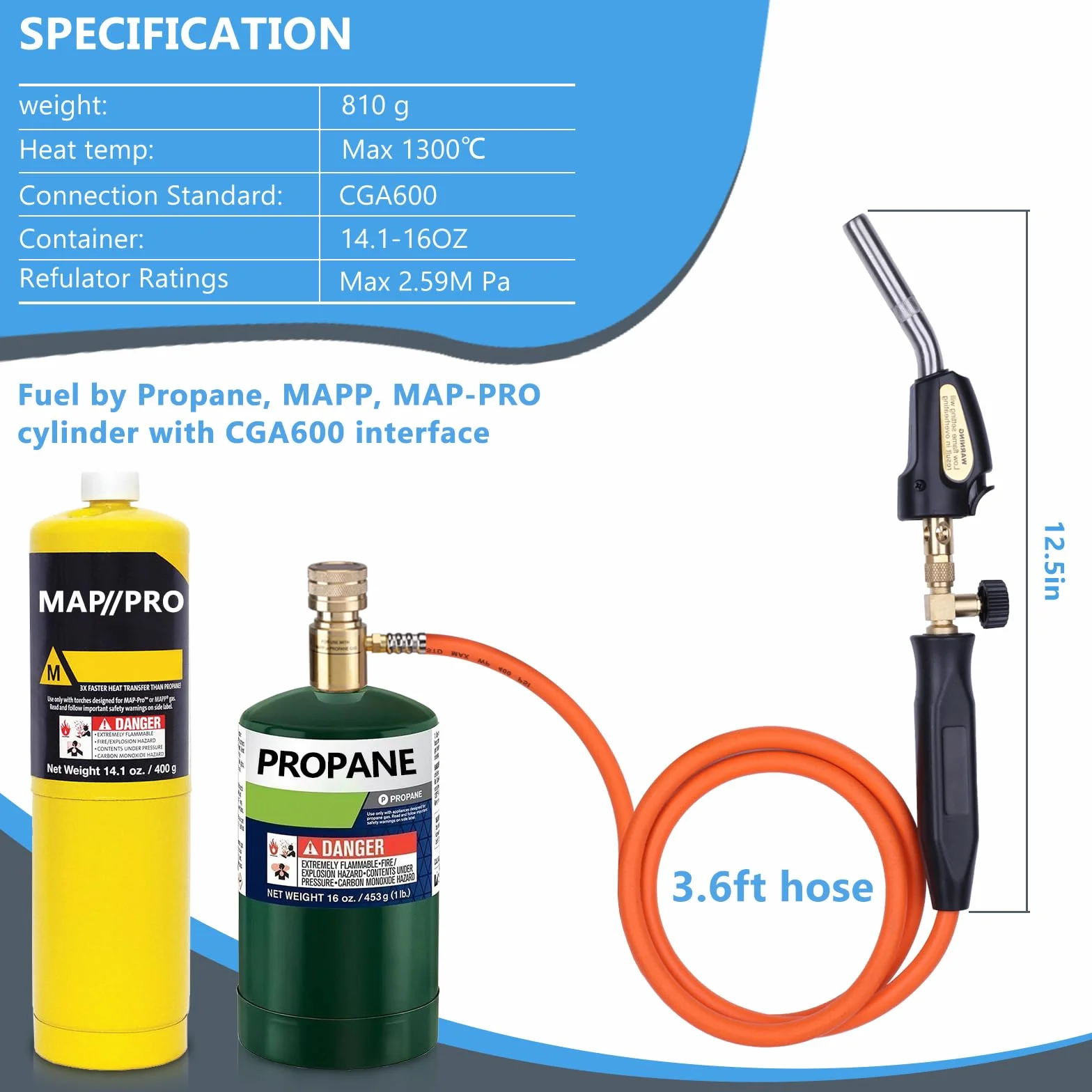 Testa della torcia a propano, torcia a gas Mapp con tubo da 3,6 piedi e regolazione del flusso, saldatura saldata, barbecue, torcia del carburante di Propane Mapp Map Pro Gas
