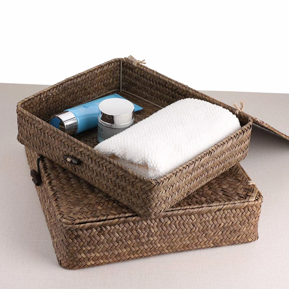 SUMNACON 2 cestini in rattan naturale con coperchio, fatti a mano, per cucina, bagno, camera da letto, grandi e piccoli (rettangolari, marroni)