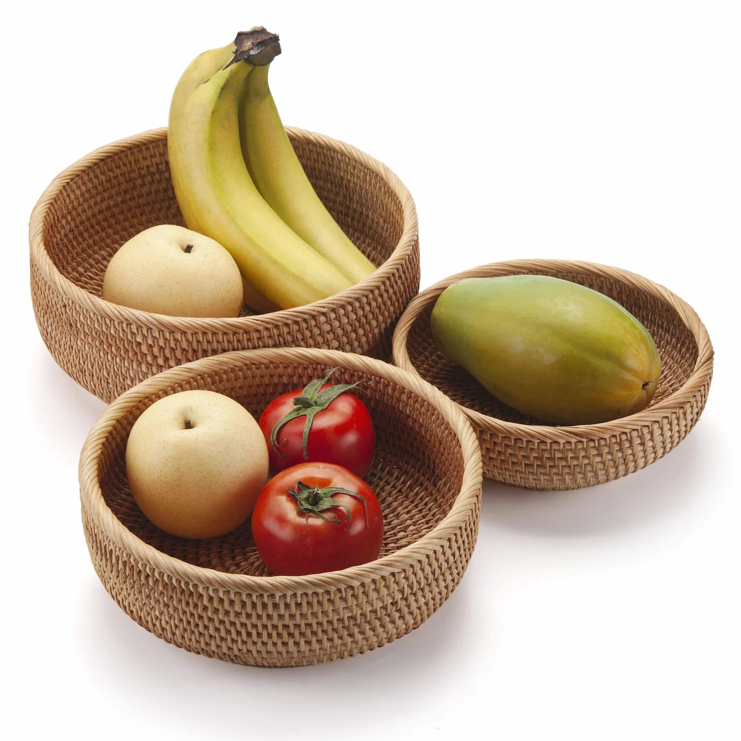 Cestini Portaoggetti Rotondi in Rattan Cesto Frutta Tessuta Impilabile per Armadi da Cucina Scaffale Naturale Set di 3