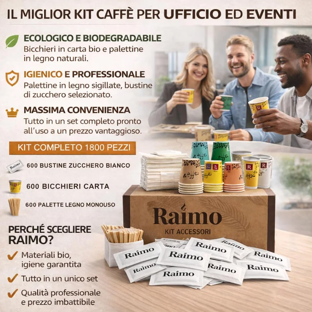 Kit 1800 Accessori Caffè Completo - 600 Bicchierini Carta Biodegradabili 75 ml + 600 Palettine Legno + 600 Bustine Zucchero, Set Pausa Caffè