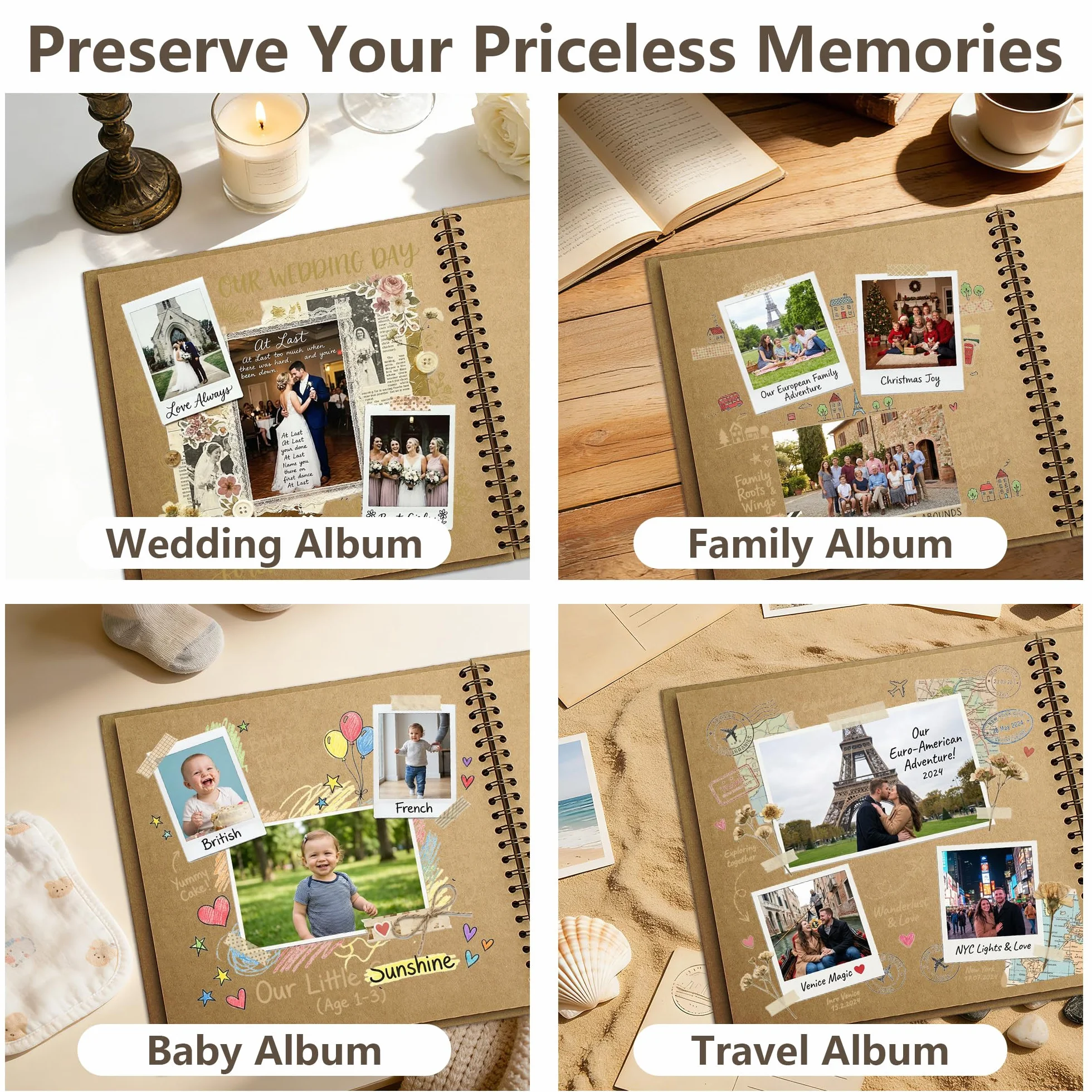 Vienrose DIY Scrapbook Album 20,5x20,5 cm Copertina Rigida Carta Kraft Scrap Book Album Fotografico con 20 Fogli (40 Pagine) Bianche per Matrimonio Baby Shower Famiglia Anniversario, Colore Kraft