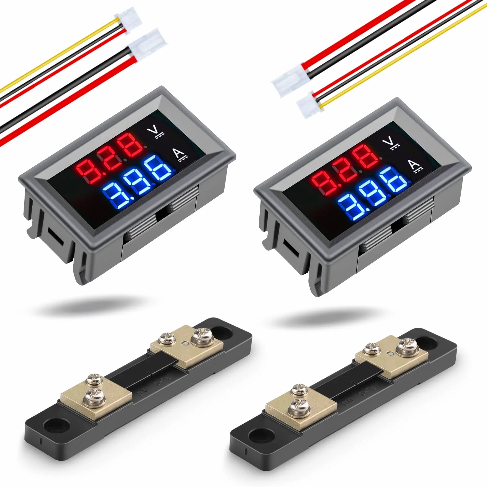 diymore 2 pezzi Voltmetro Amperometro Voltmetro da Pannello Digitale 0.28"100V DC50A Blu Rosso Amperometro con Shunt