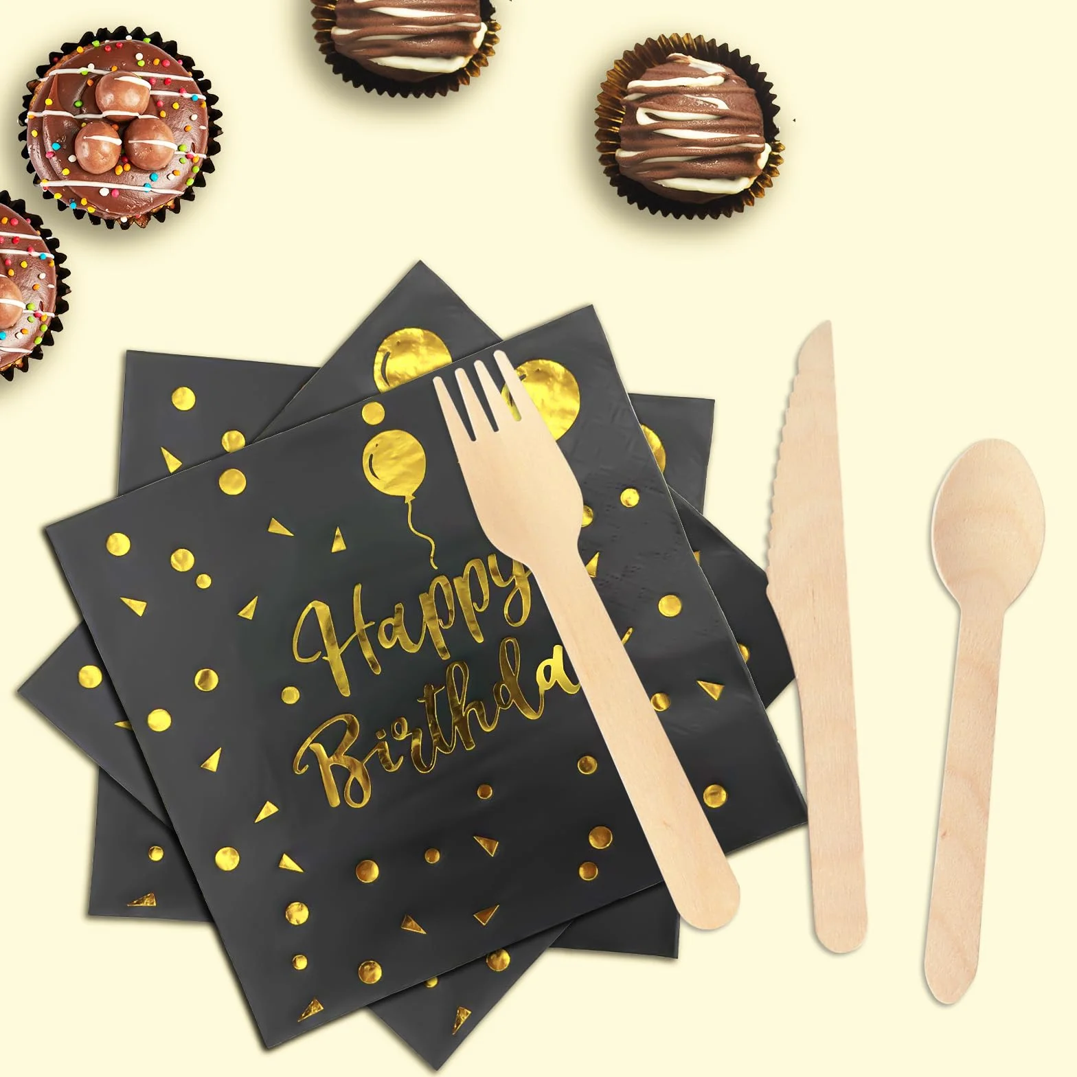 Compleanno Stoviglie Oro Nero 193 Pezzi Set Piatti Tovaglioli Tazze Carta 24 Ospiti