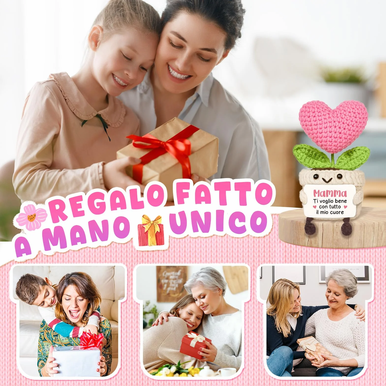 Regalo Mamma Compleanno Cuore Fiore all’Uncinetto Supporto Emotivo Idee Regali Mammina Natale