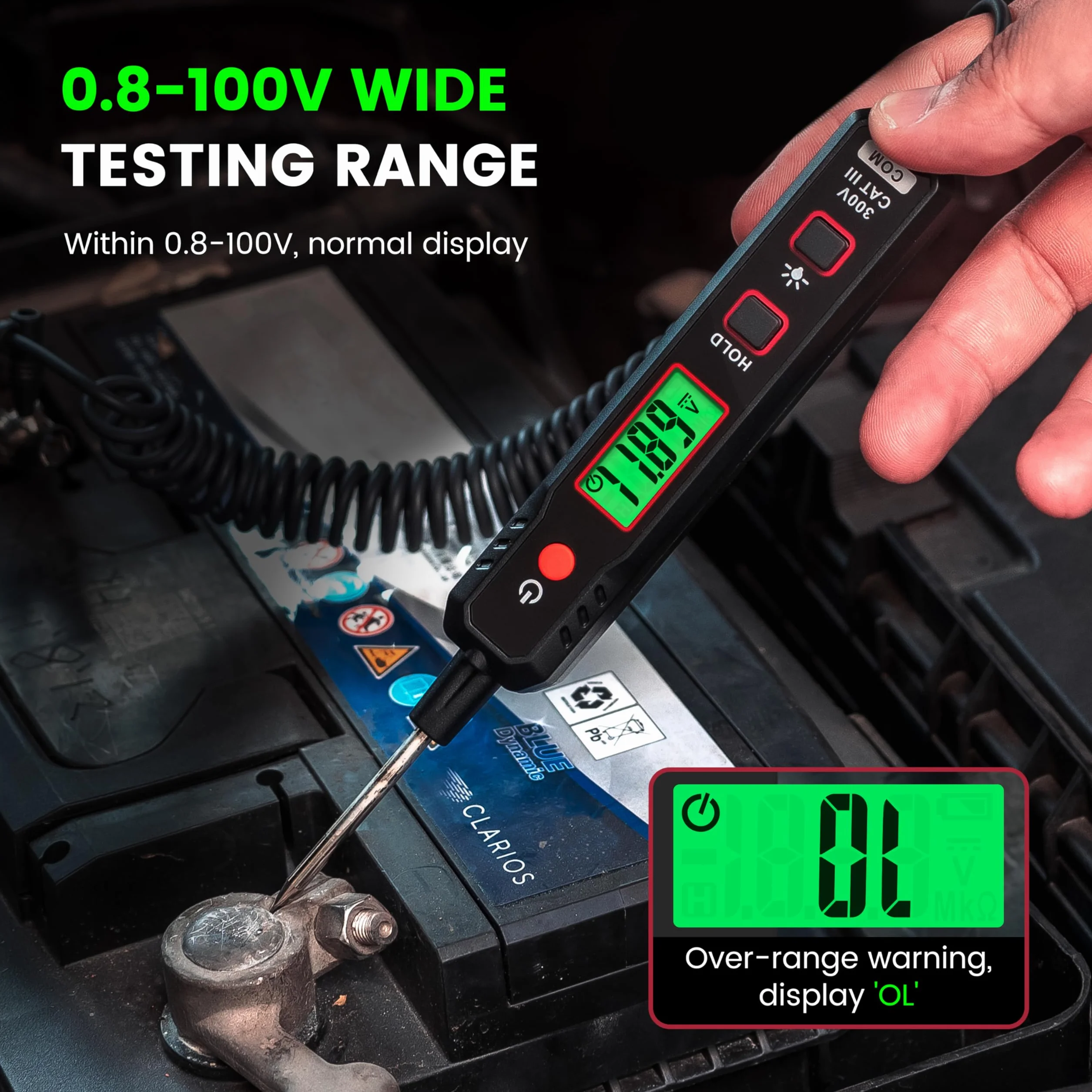 KAIWEETS Penna di Tester Intelligente per Auto, Sonda Elettricisti Con Tensione DC Retroilluminata da 0,8V-100V, Luce di Prova Automobilistica Digitale con Torcia, Tester Automatico Batterie