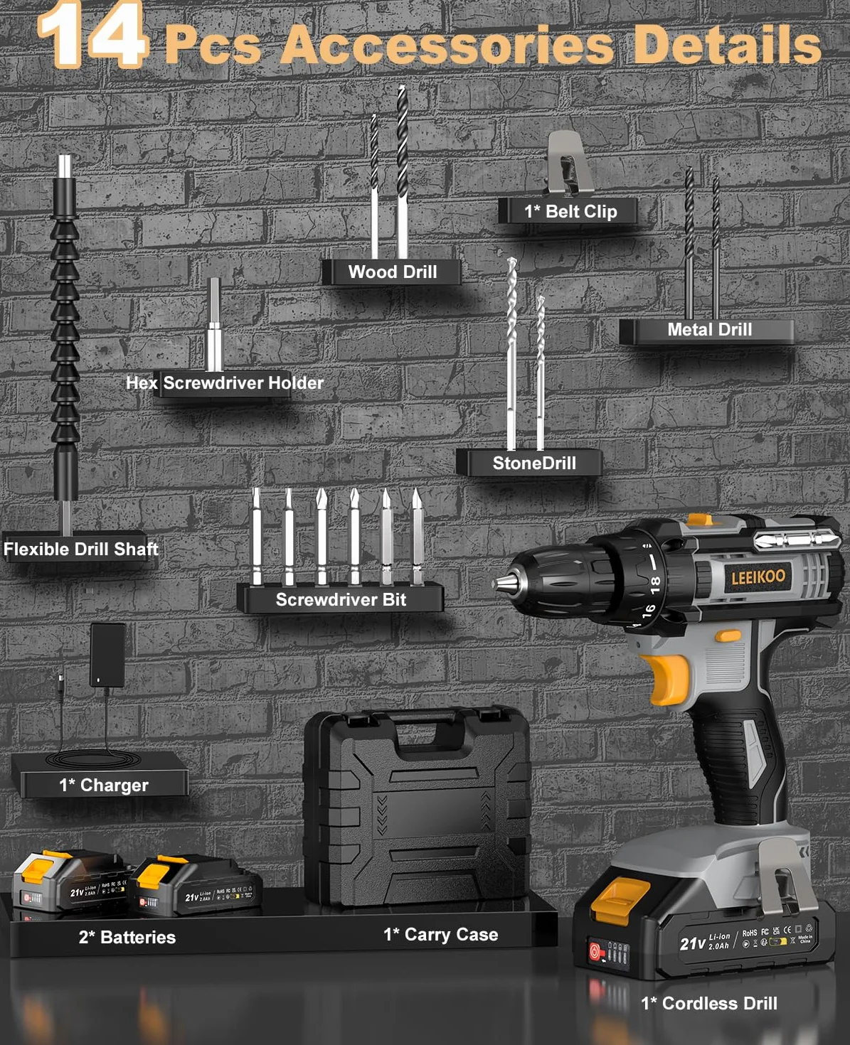 Avvitatore a Batteria, LEEIKOO Trapano Avvitatore Batteria 21V, Avvitatore Elettrico 42N.m con 2 Batterie da 2.0Ah, 2 Velocità, 18+1 Coppie, 14 Accessori, Luce a LED Per Fai da te, Casa e Giardino